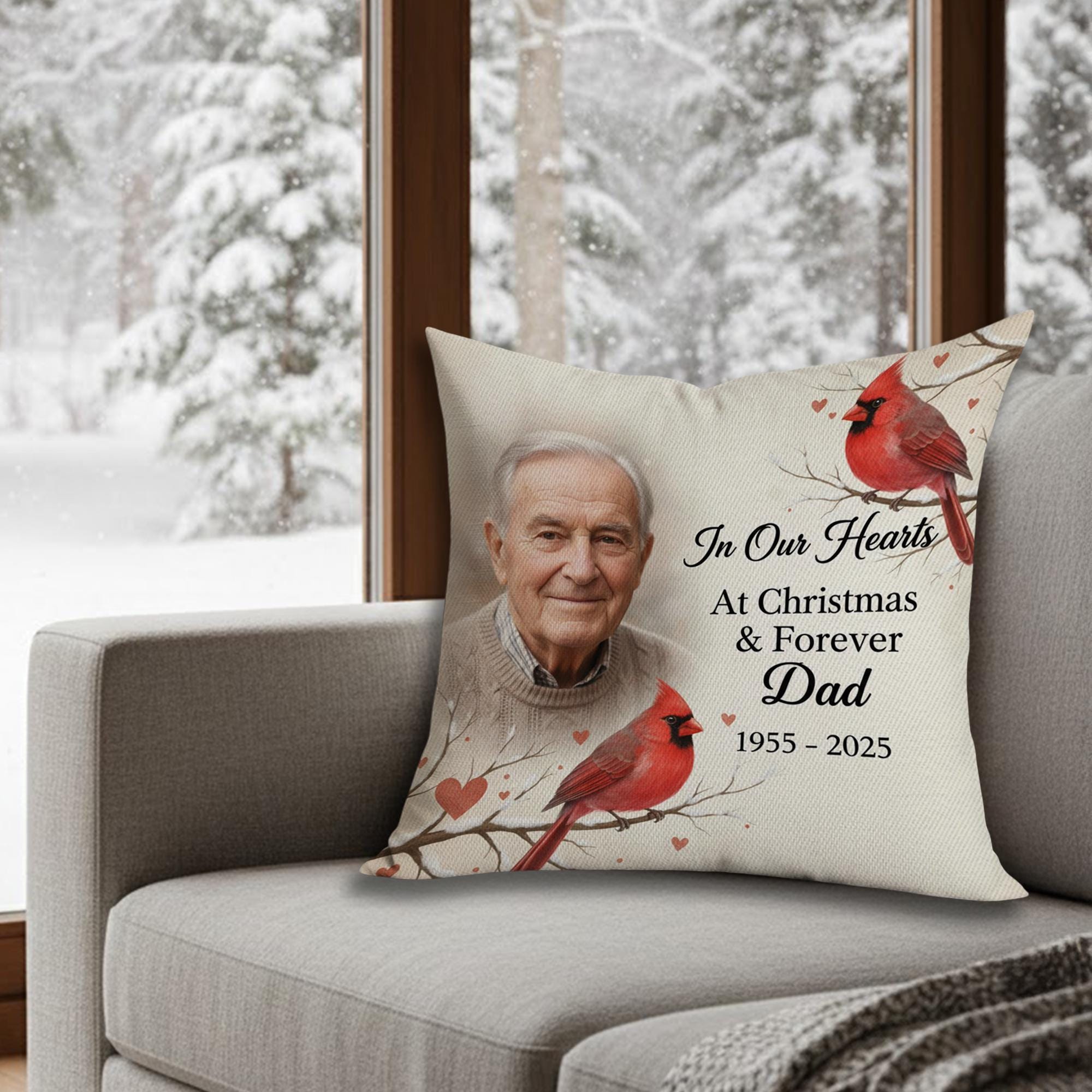 Personalized Christmas Pillow: Cardinal & Red Bird Design, Memorial Dad Tribute image 4