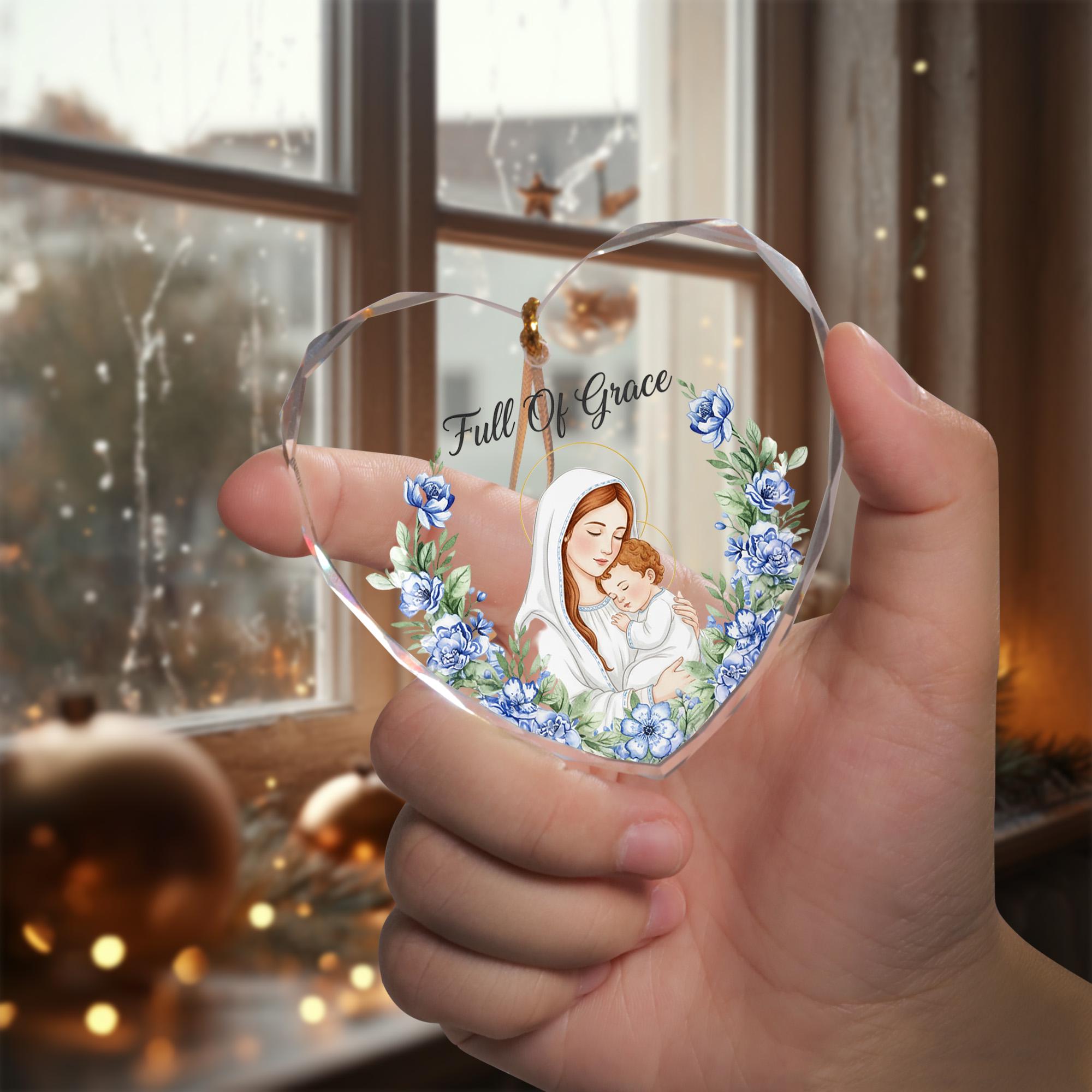 Heart-Shaped Glass Ornament: Madonna and Child Illustration, Religious Decor, Full Of Grace Quote image 3