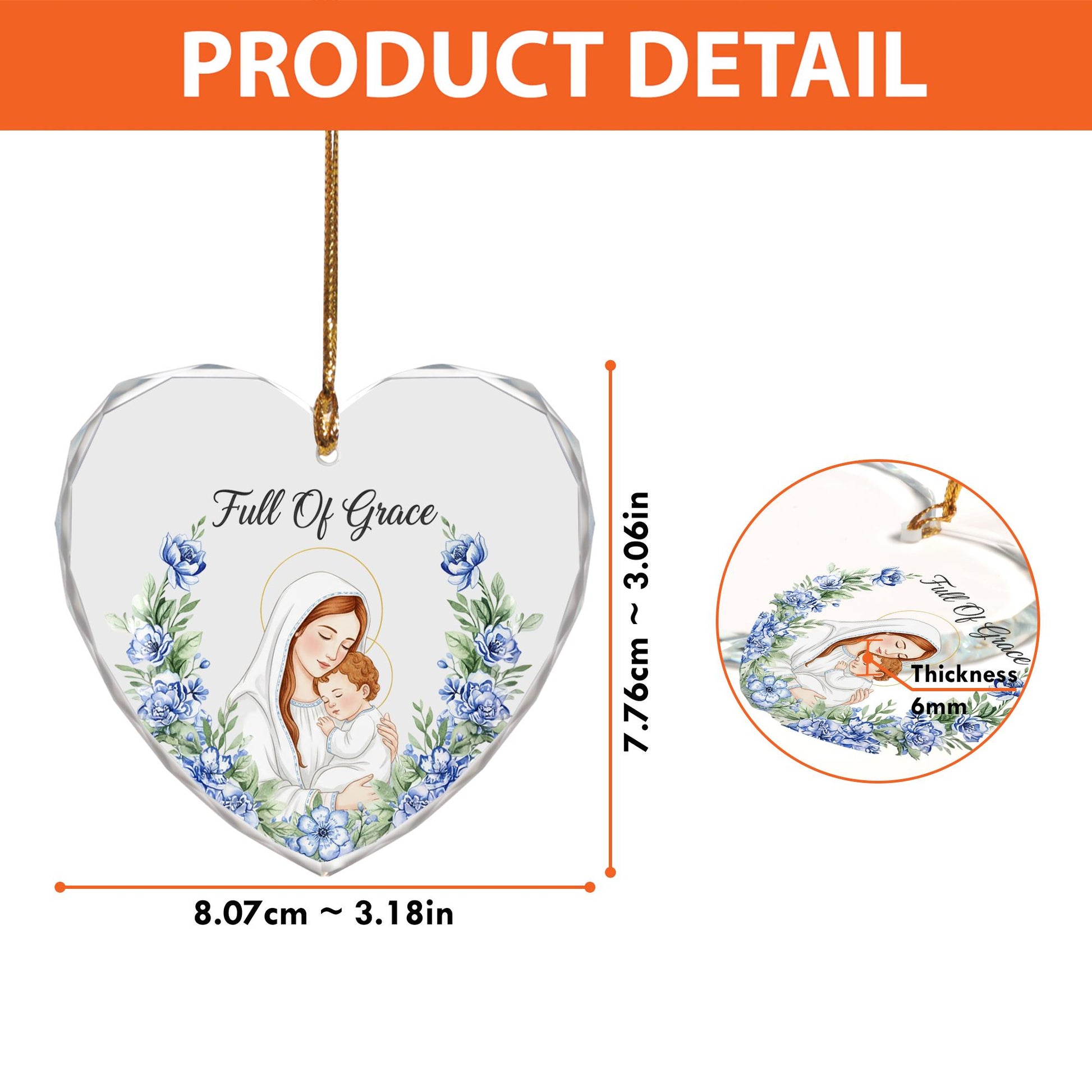 Heart-Shaped Glass Ornament: Madonna and Child Illustration, Religious Decor, Full Of Grace Quote image 6