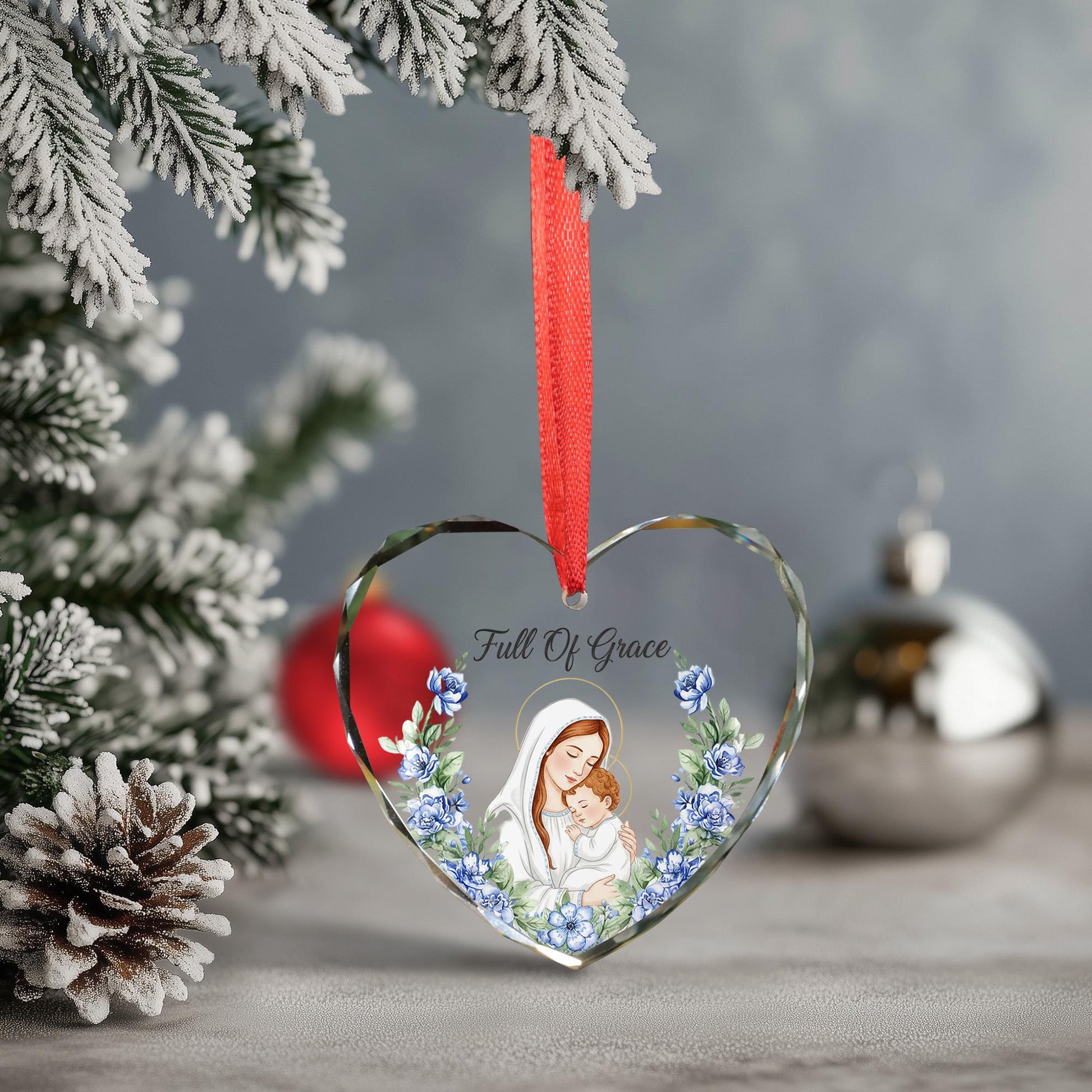 Heart-Shaped Glass Ornament: Madonna and Child Illustration, Religious Decor, Full Of Grace Quote image 2