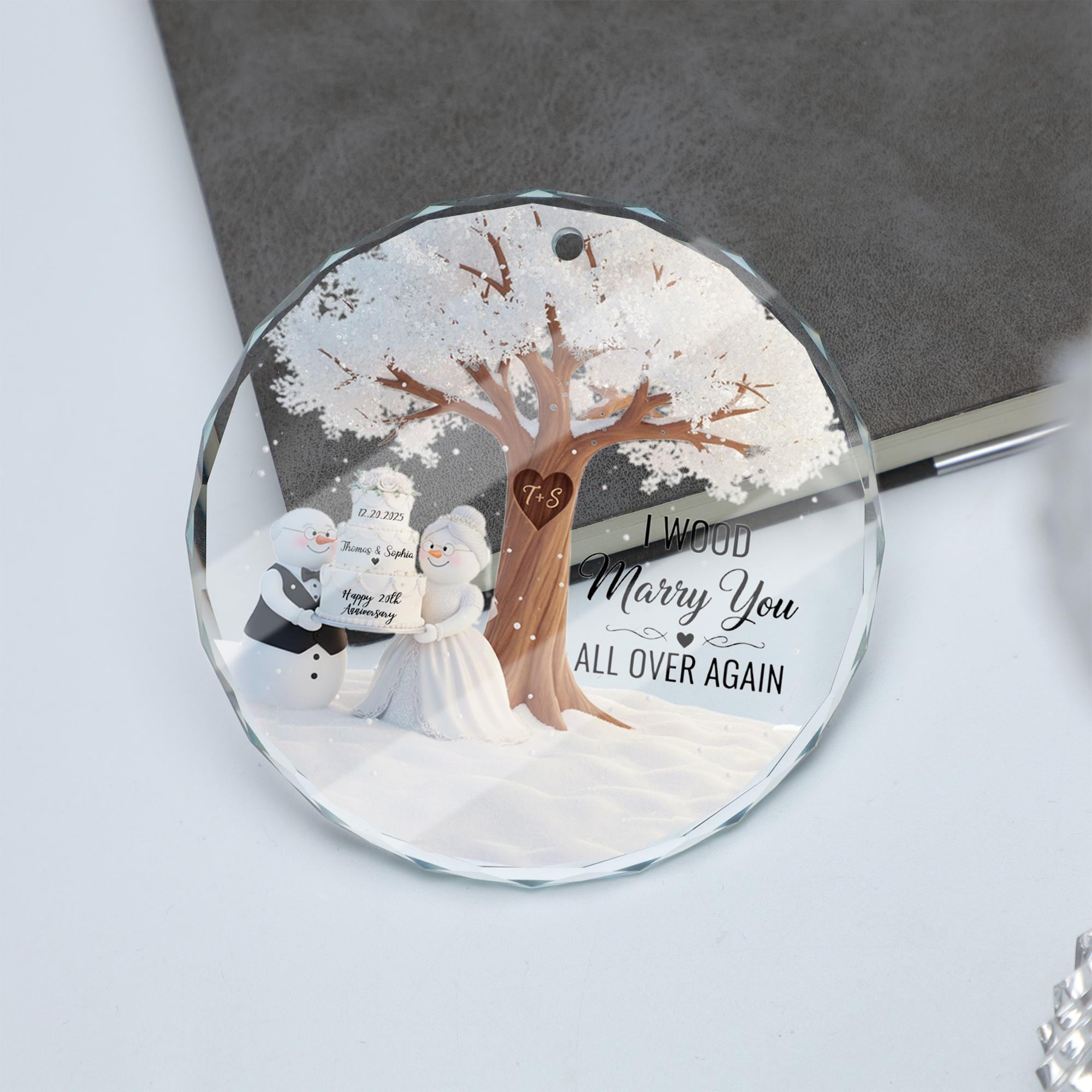 Personalized Glass Ornament: Anniversary Snowman Couple, Winter Scene, Custom Names & Date image 1