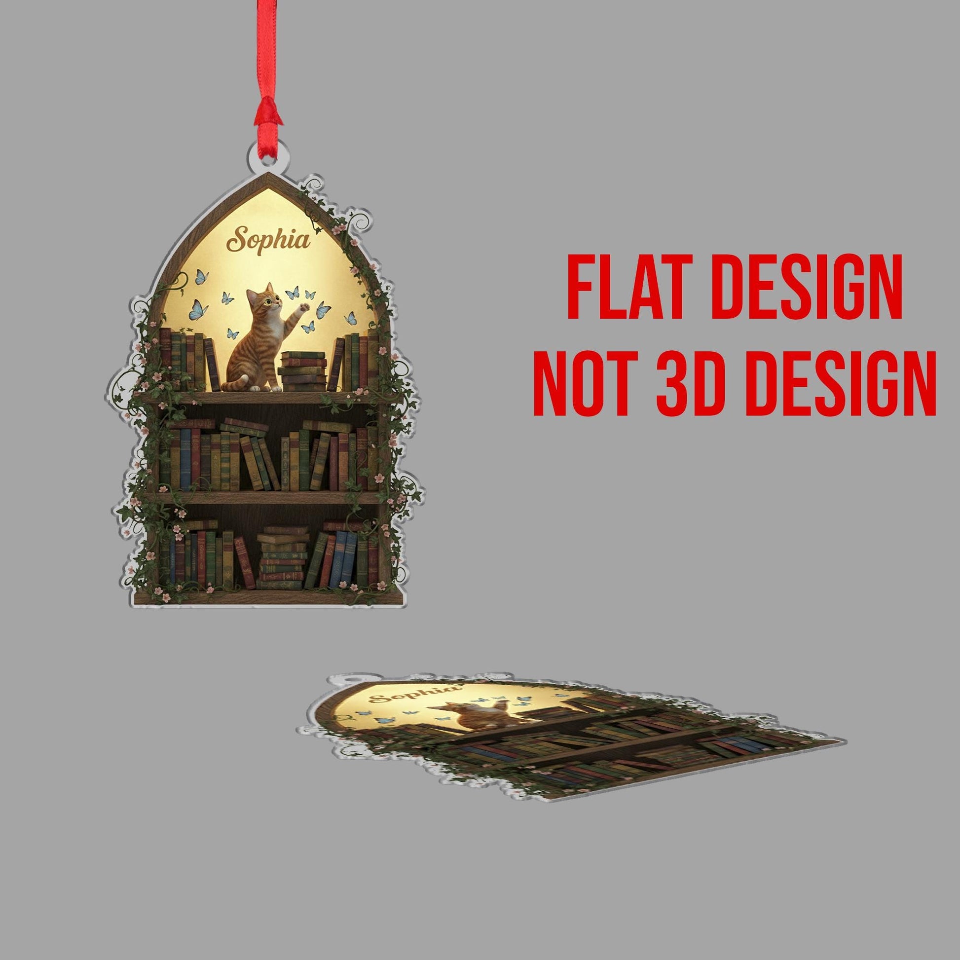 Personalized Acrylic Ornament: Bookshelf Shape, Cat & Butterflies, Custom Name image 4