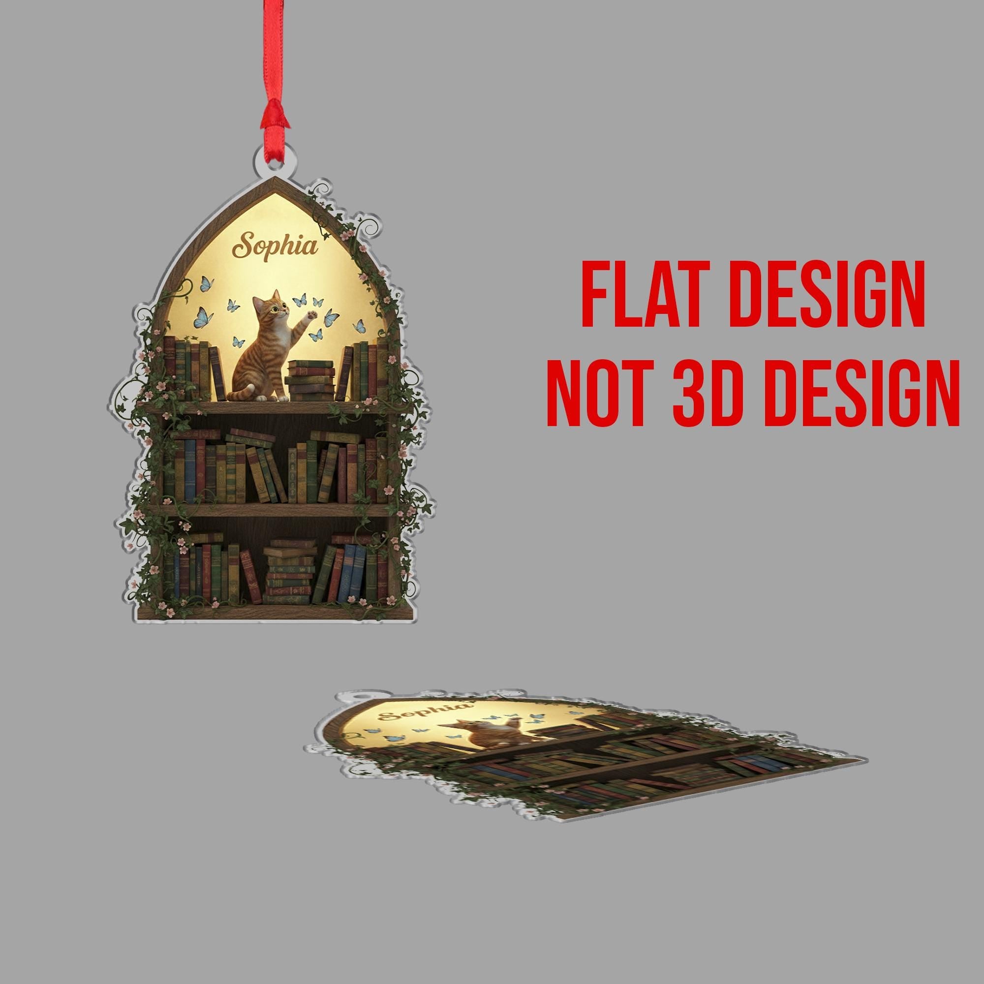 Personalized Acrylic Ornament: Bookshelf Shape, Cat & Butterflies, Custom Name image 4