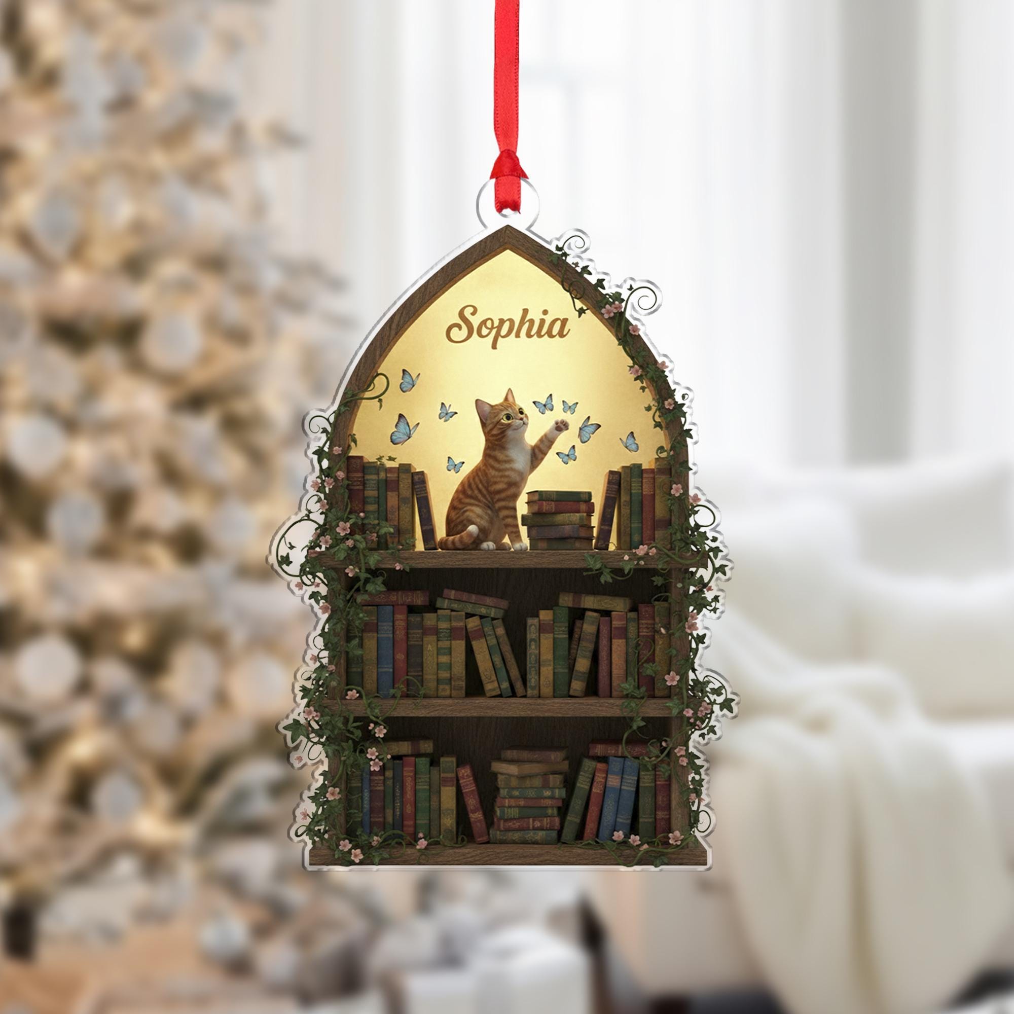 Personalized Acrylic Ornament: Bookshelf Shape, Cat & Butterflies, Custom Name image 1