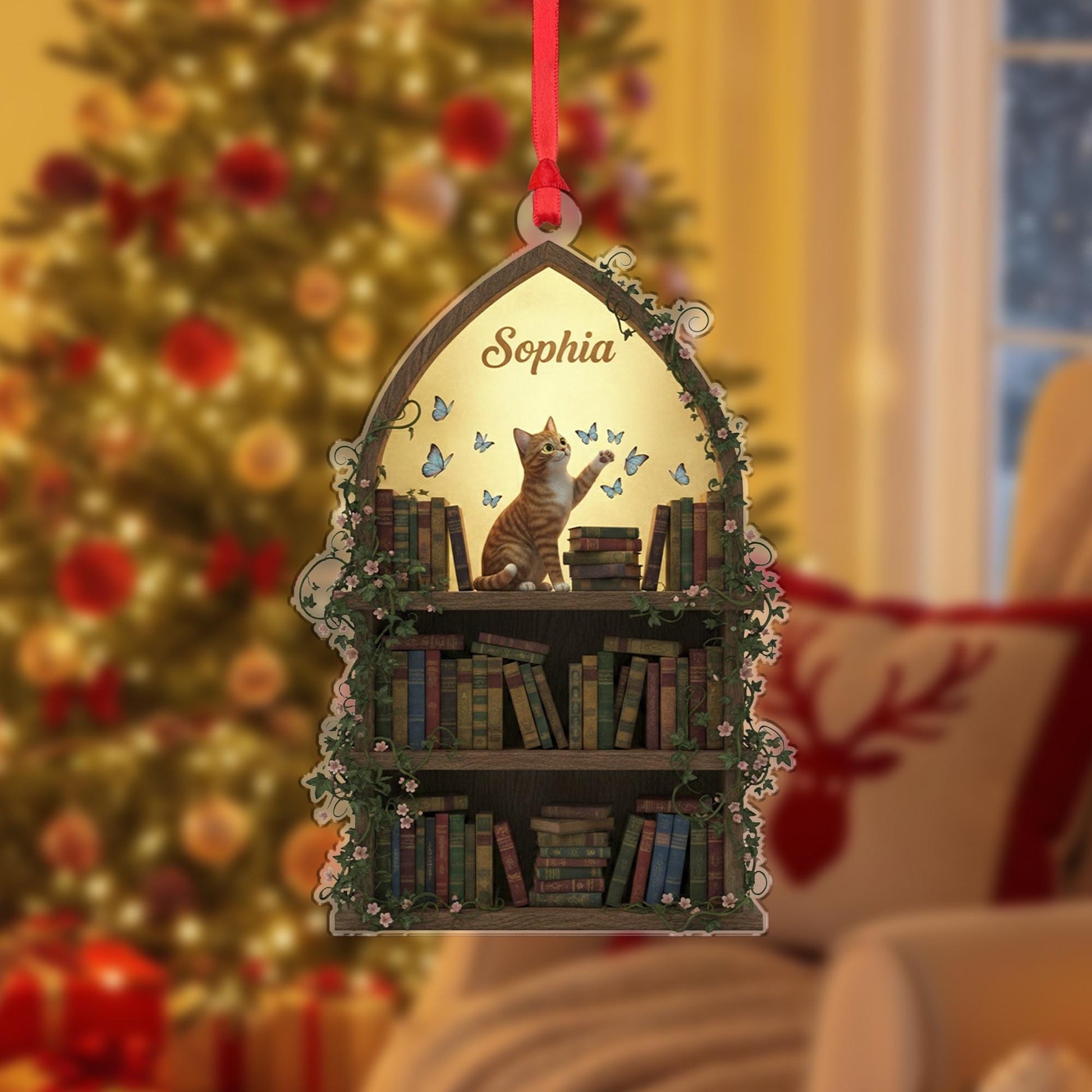 Personalized Acrylic Ornament: Bookshelf Shape, Cat & Butterflies, Custom Name image 2