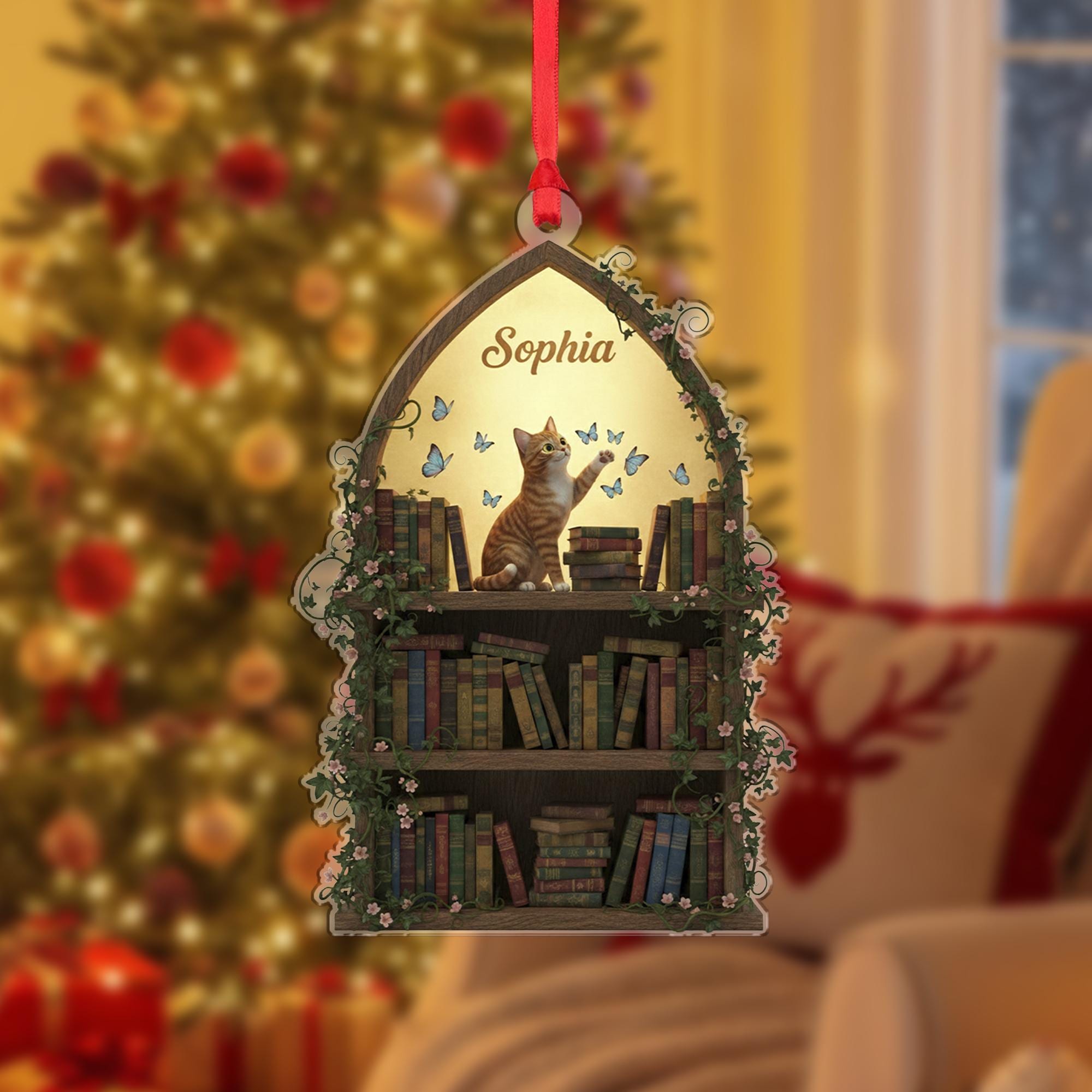 Personalized Acrylic Ornament: Bookshelf Shape, Cat & Butterflies, Custom Name image 2