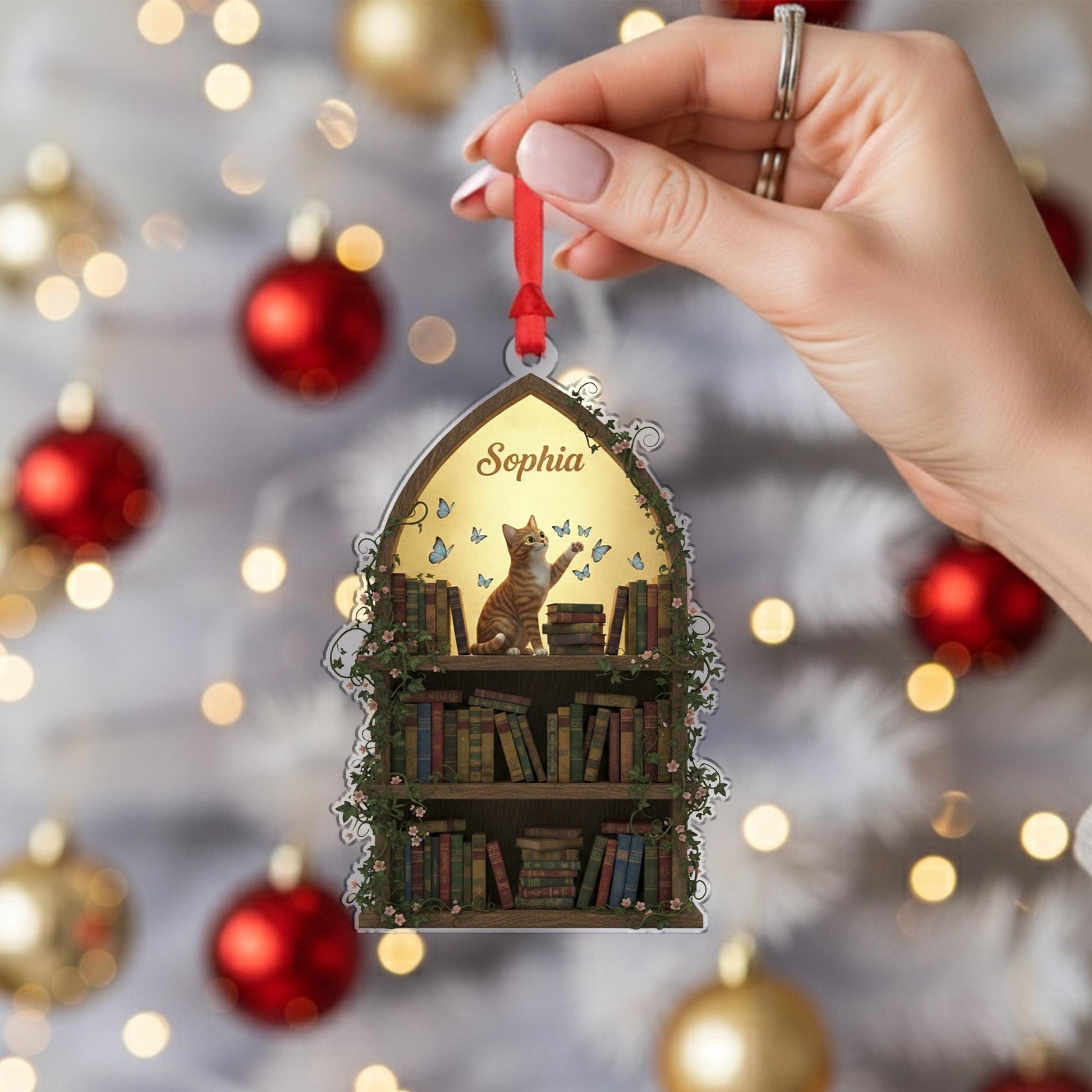 Personalized Acrylic Ornament: Bookshelf Shape, Cat & Butterflies, Custom Name image 6