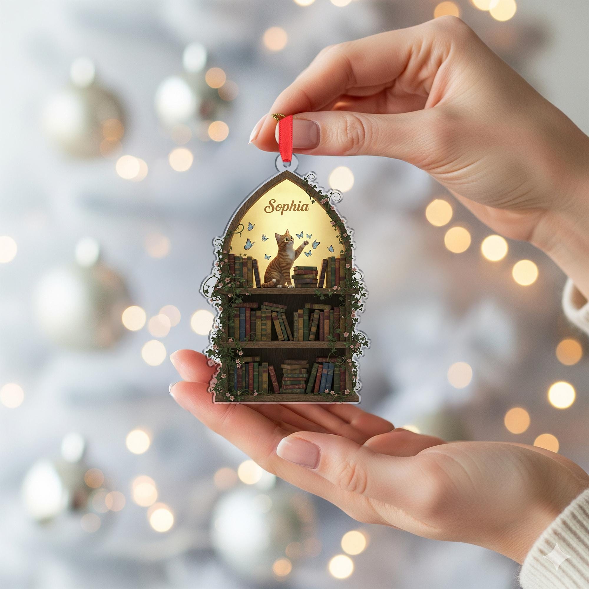 Personalized Acrylic Ornament: Bookshelf Shape, Cat & Butterflies, Custom Name image 3