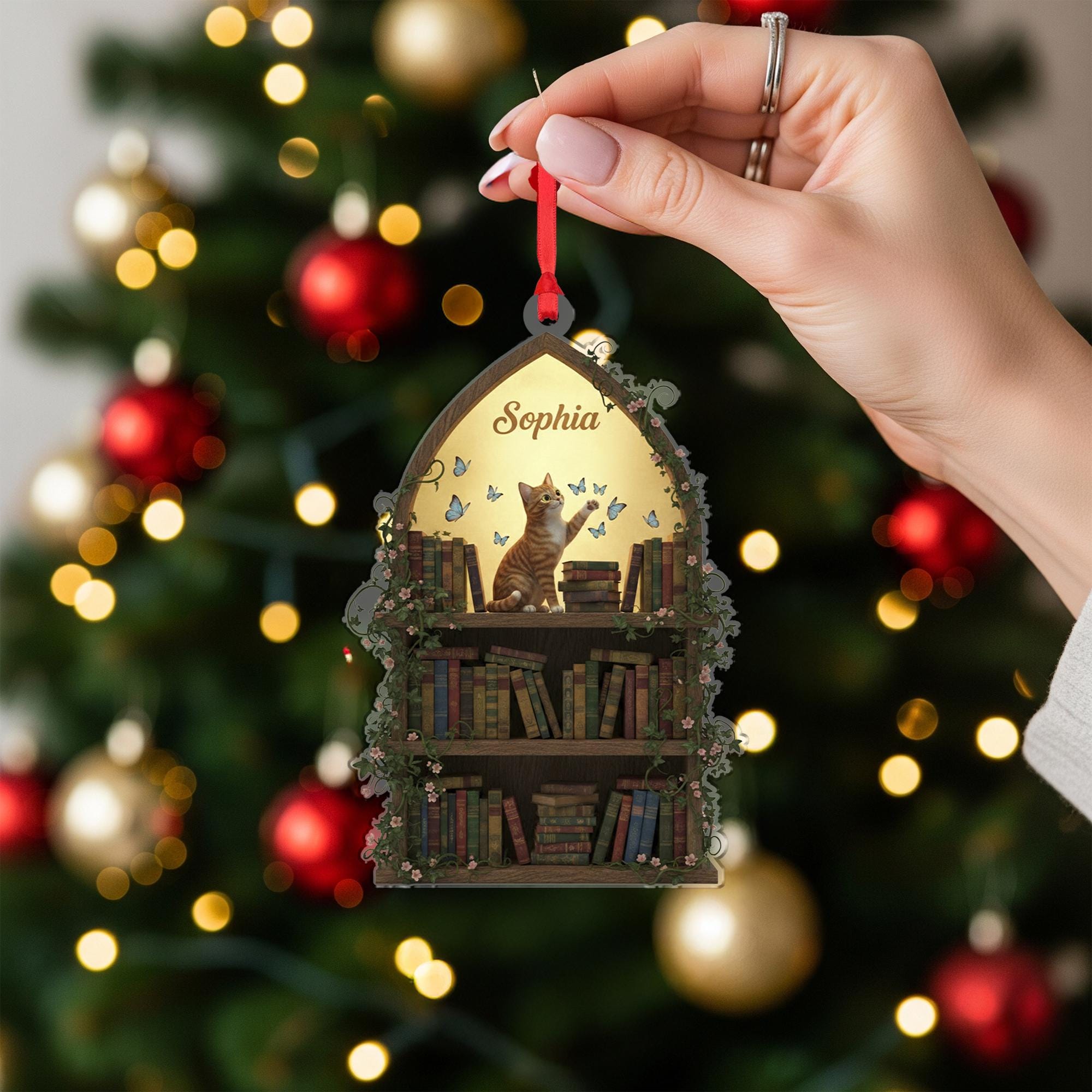 Personalized Acrylic Ornament: Bookshelf Shape, Cat & Butterflies, Custom Name image 7