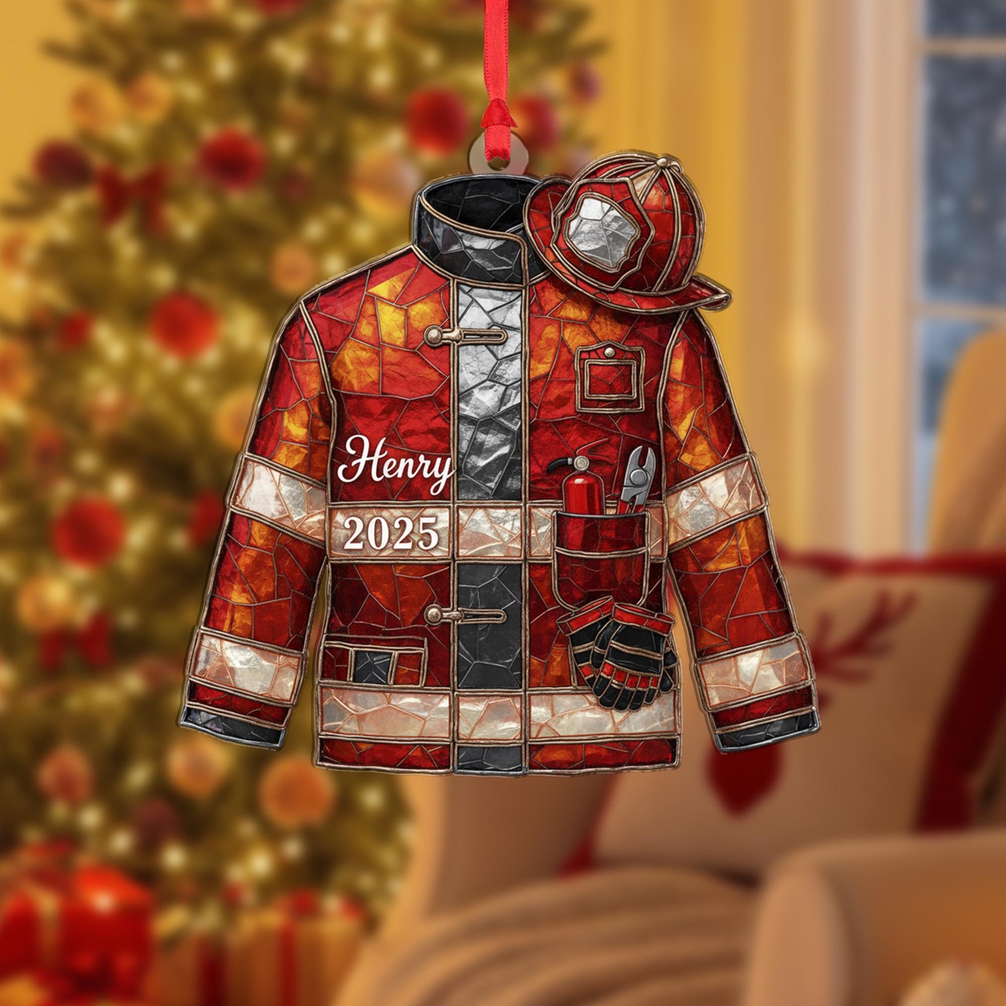 Personalized Acrylic Ornament: Firefighter Jacket Shape, Custom Name & Year image 2
