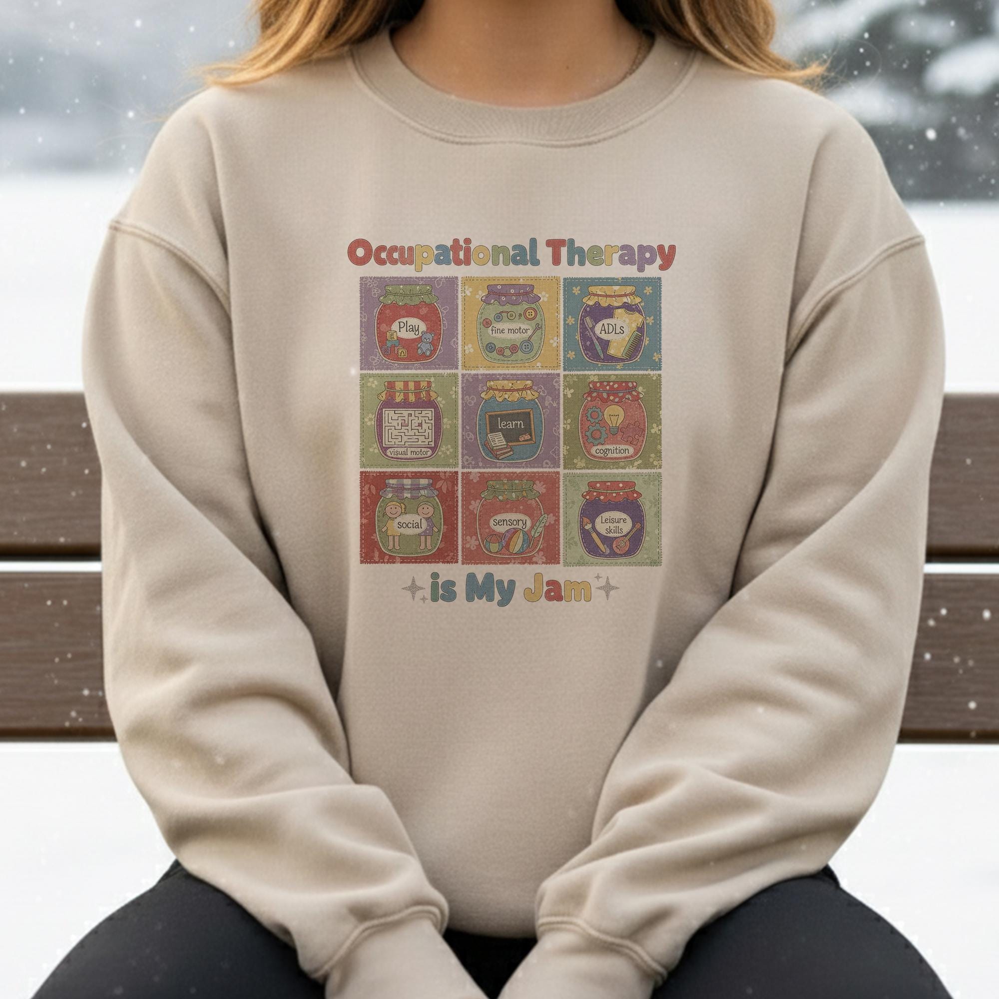 Occupational Therapy Sweatshirt: "OT Is My Jam" Quote, 9-Grid Jars Graphic, Therapist Crewneck image 8