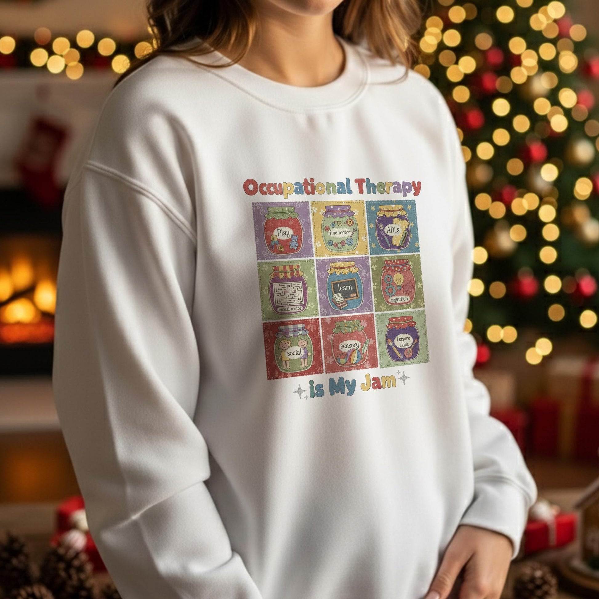 Occupational Therapy Sweatshirt: "OT Is My Jam" Quote, 9-Grid Jars Graphic, Therapist Crewneck image 9