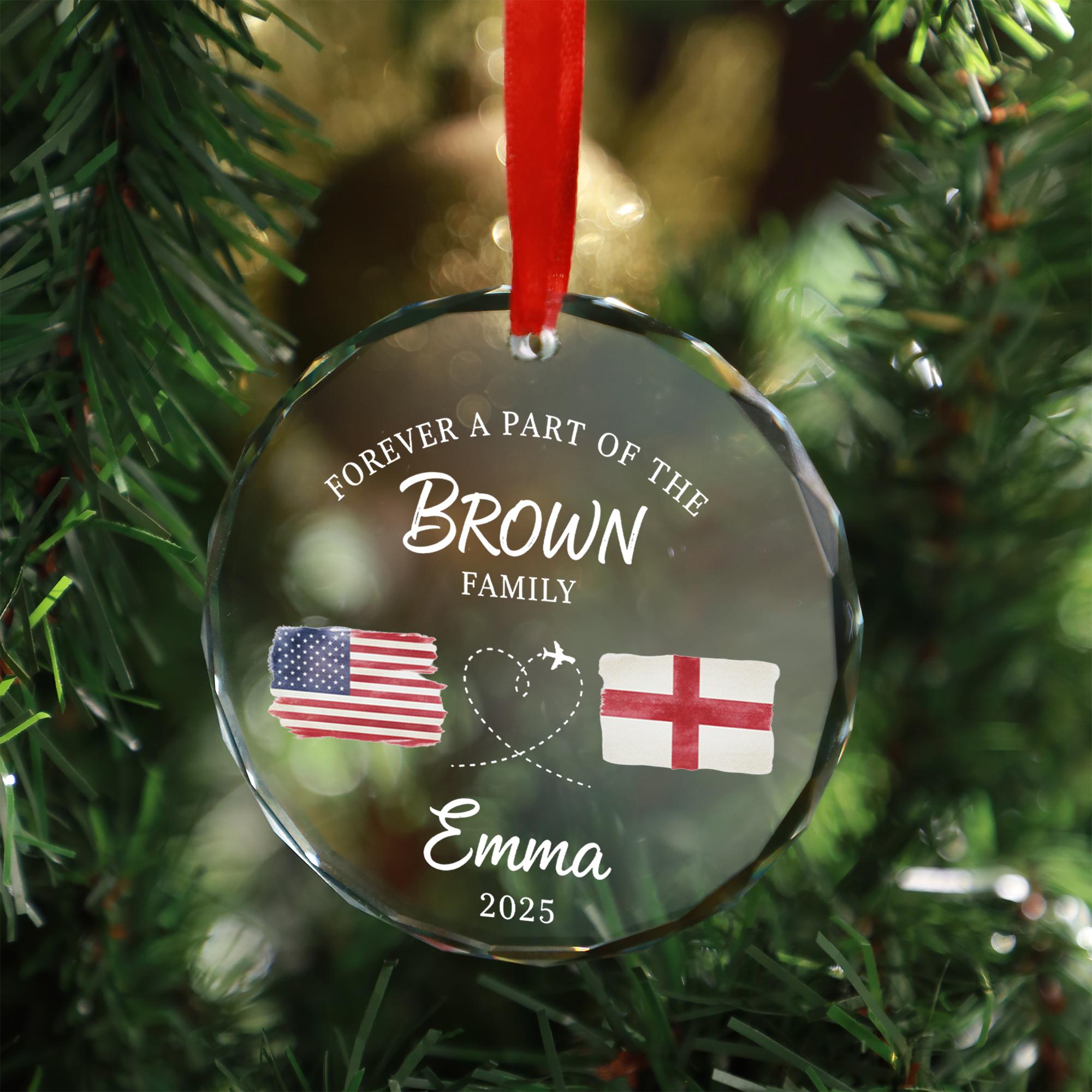 Personalized Glass Ornament with Name and Flags, Long Distance Family Round Holiday Decoration image 1
