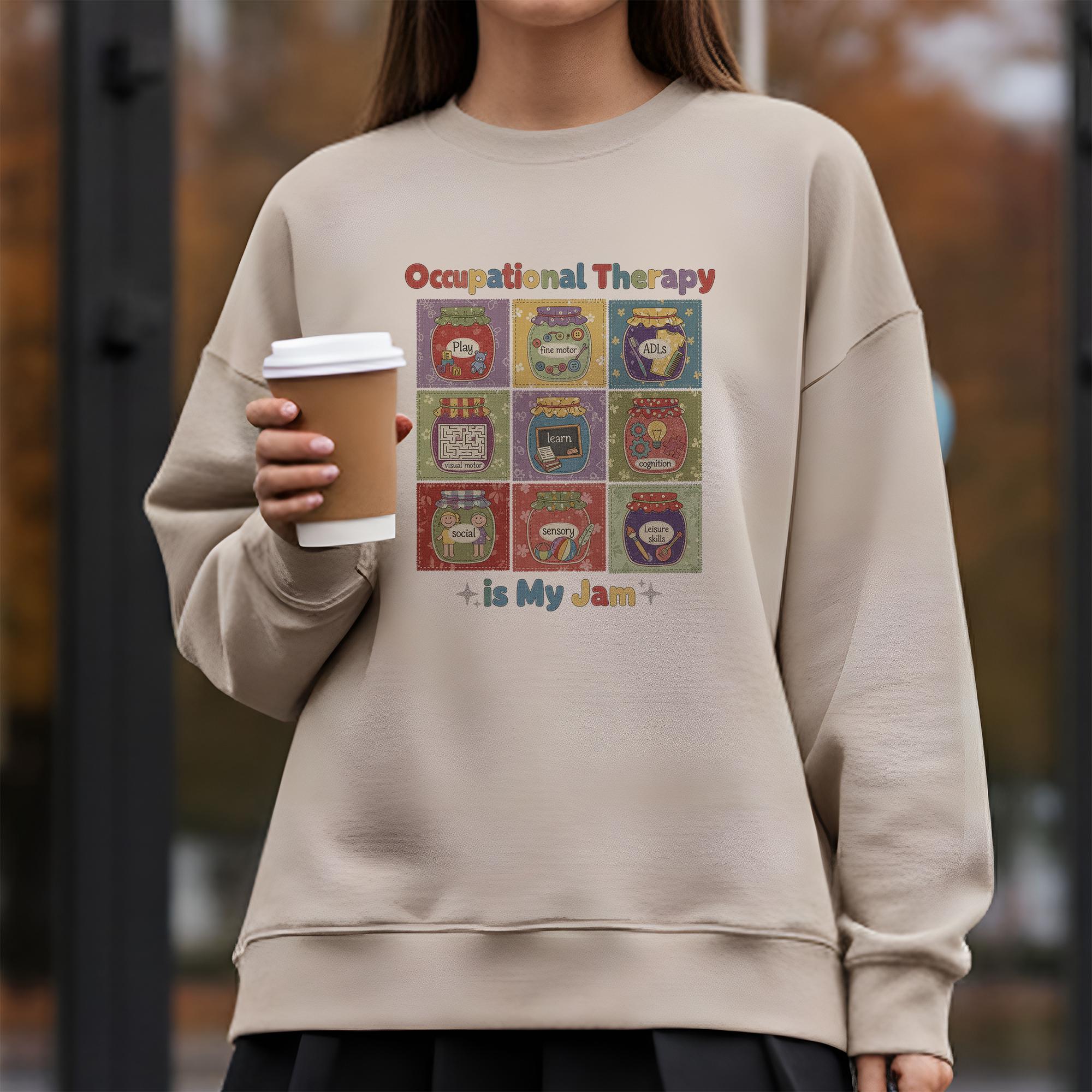 Occupational Therapy Sweatshirt: "OT Is My Jam" Quote, 9-Grid Jars Graphic, Therapist Crewneck image 12