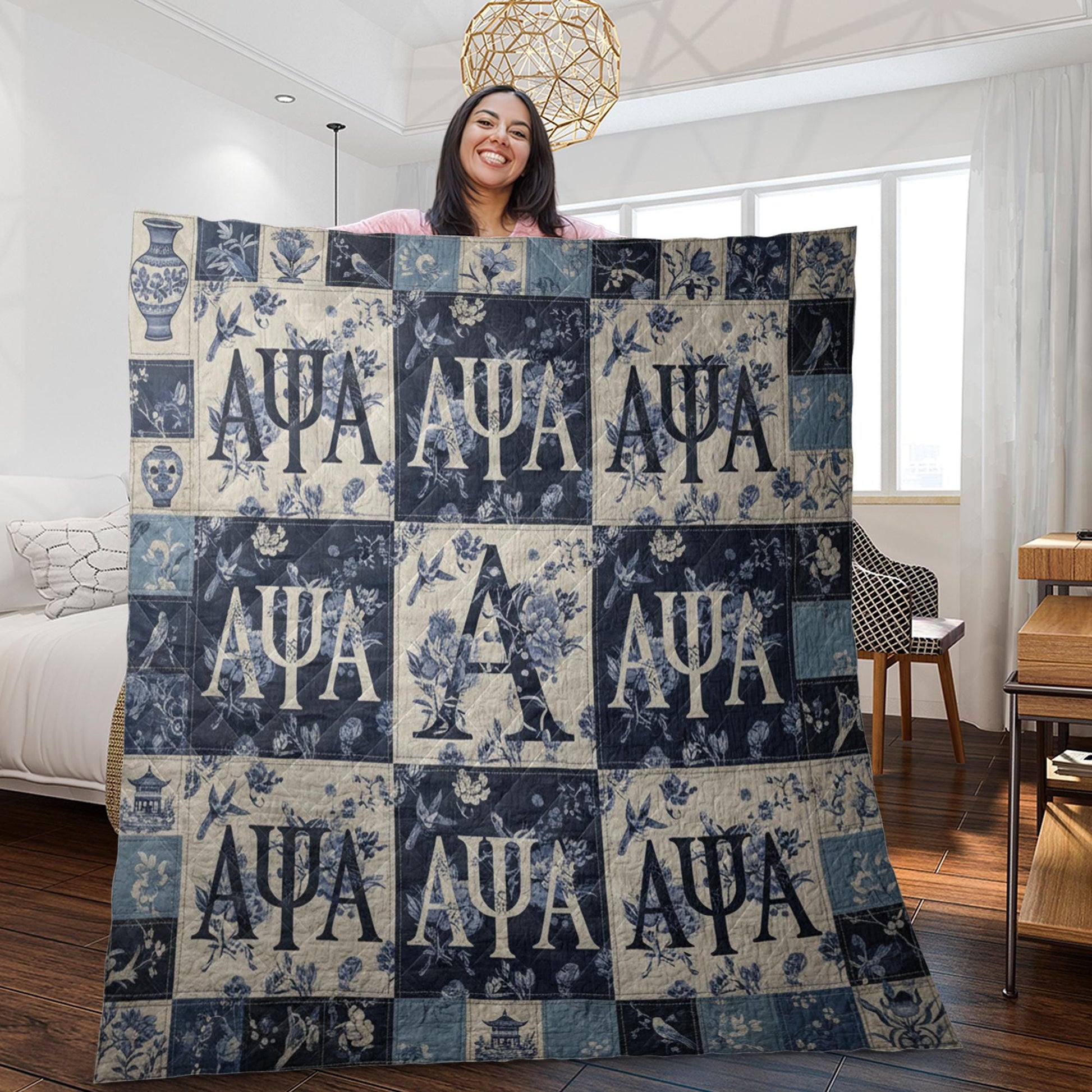 Alpha Psi Alpha Quilt: Blue Chinoiserie Floral Patchwork image 3