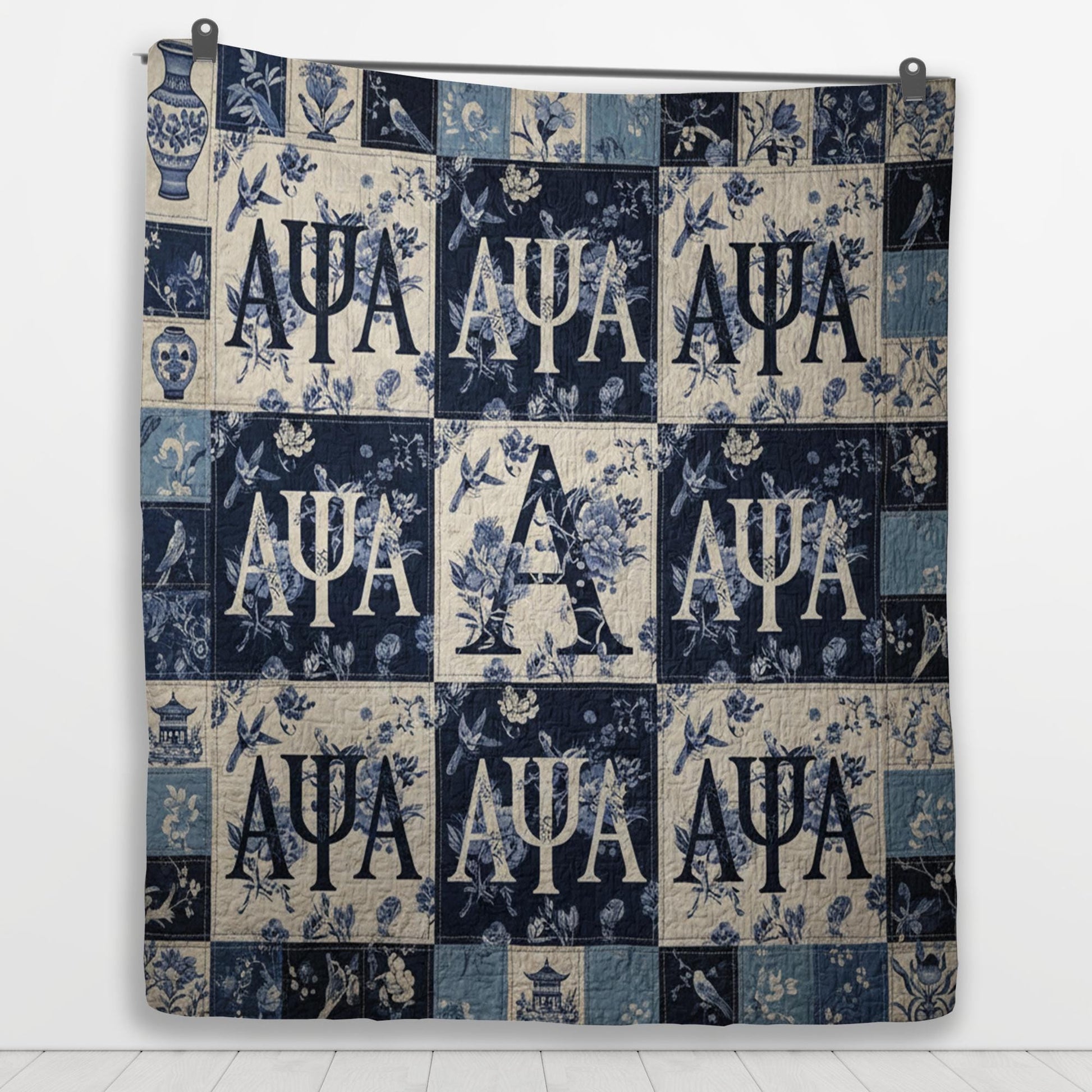 Alpha Psi Alpha Quilt: Blue Chinoiserie Floral Patchwork image 6
