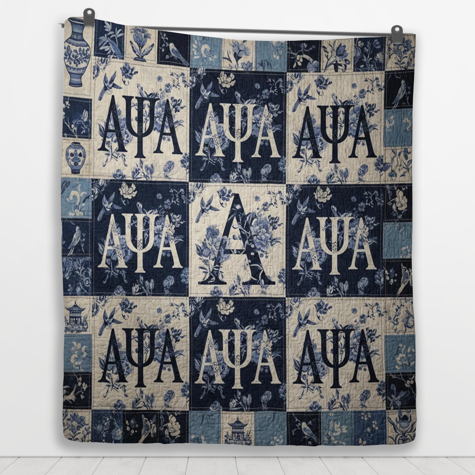 Alpha Psi Alpha Quilt: Blue Chinoiserie Floral Patchwork image 6