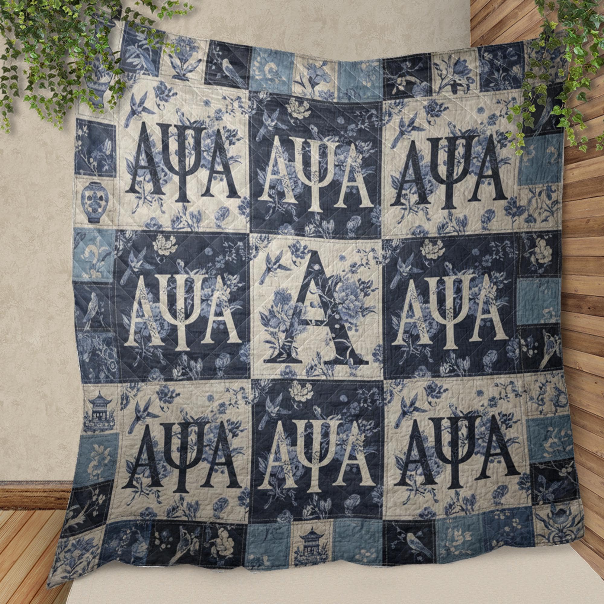 Alpha Psi Alpha Quilt: Blue Chinoiserie Floral Patchwork image 7