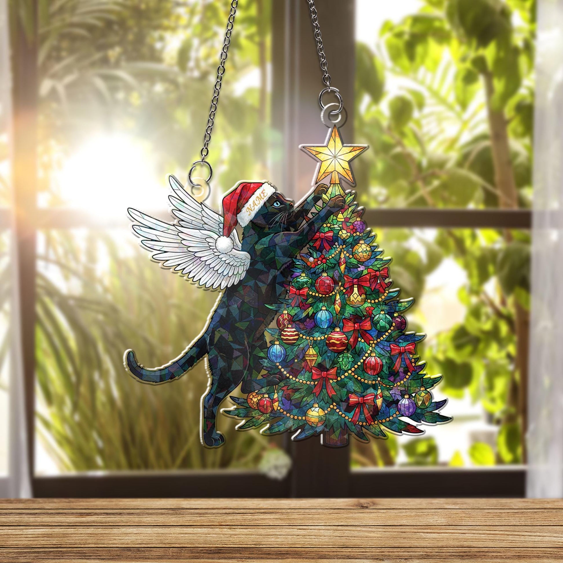 Acrylic Hologram Cat Angel Christmas Tree Window Hanging: Holiday Pet Lover Decor