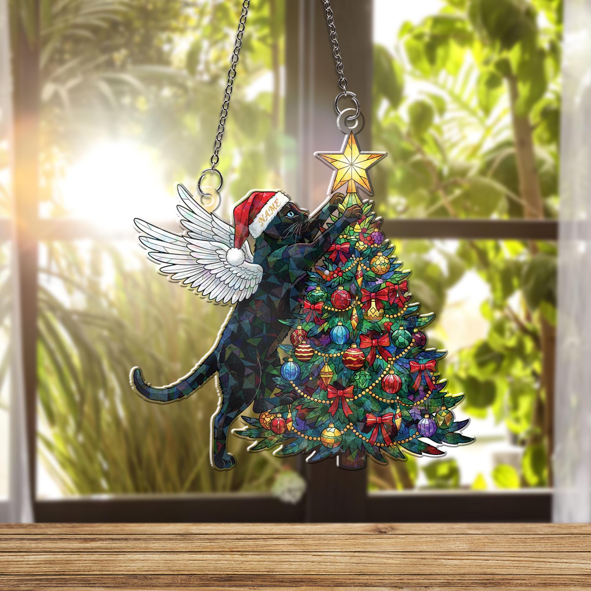Acrylic Hologram Cat Angel Christmas Tree Window Hanging: Holiday Pet Lover Decor