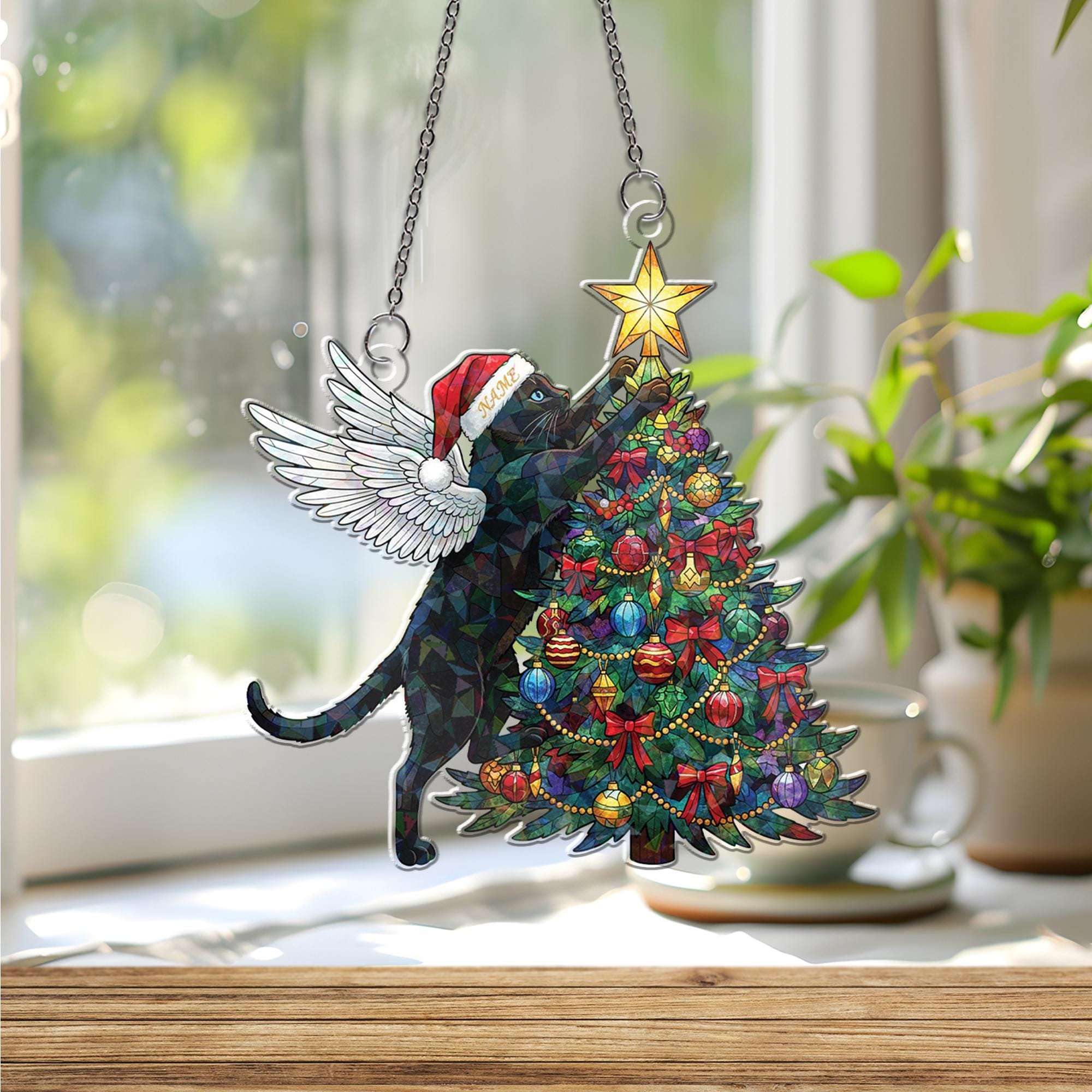 Acrylic Hologram Cat Angel Christmas Tree Window Hanging: Holiday Pet Lover Decor