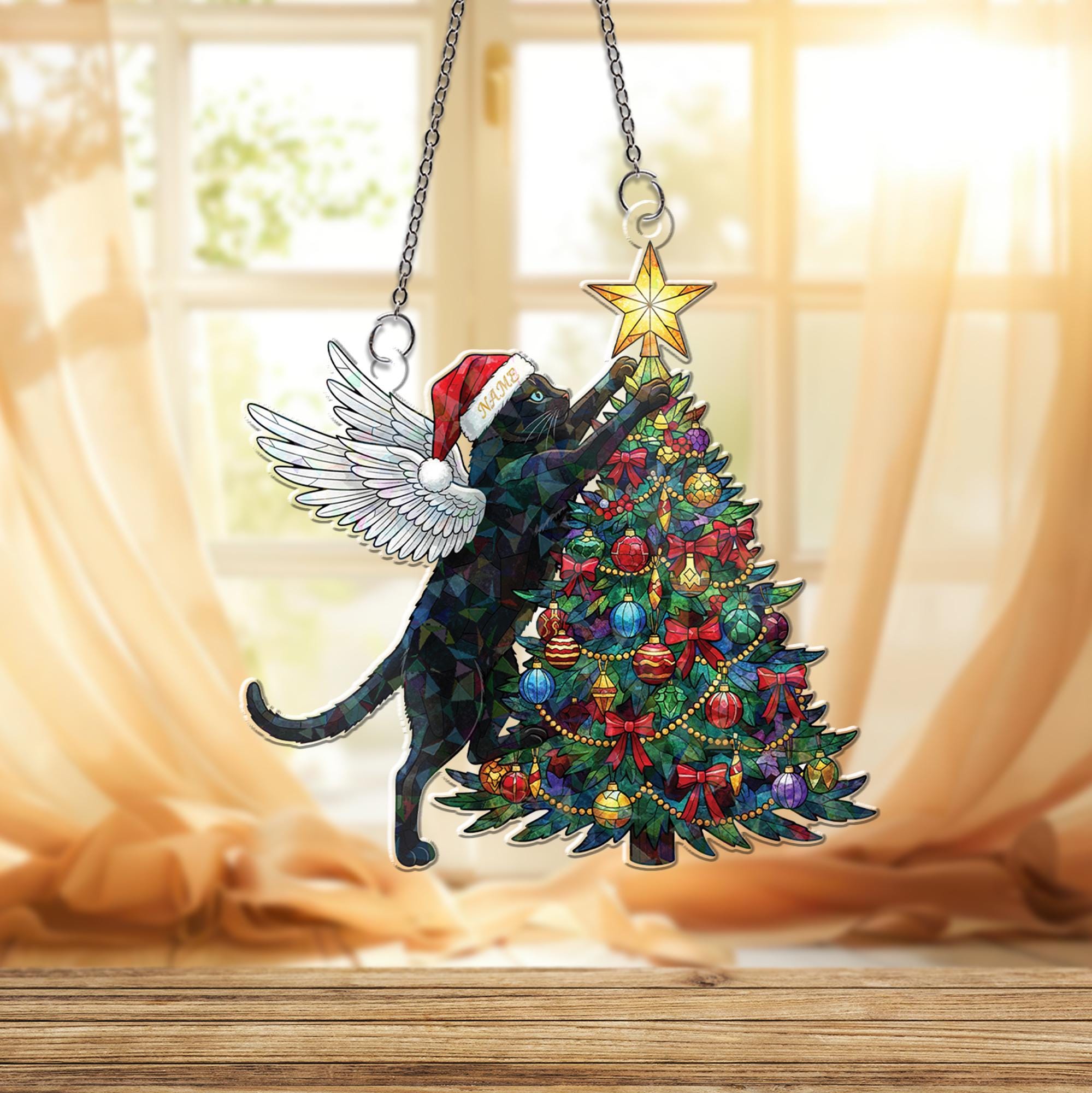 Acrylic Hologram Cat Angel Christmas Tree Window Hanging: Holiday Pet Lover Decor