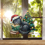 Acrylic Hologram Cat Reading Christmas Tree Window Hanging: Holiday Pet Lover Decor