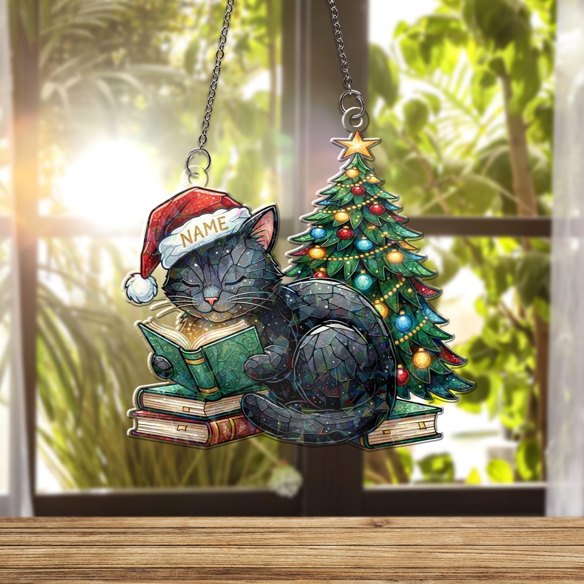 Acrylic Hologram Cat Reading Christmas Tree Window Hanging: Holiday Pet Lover Decor