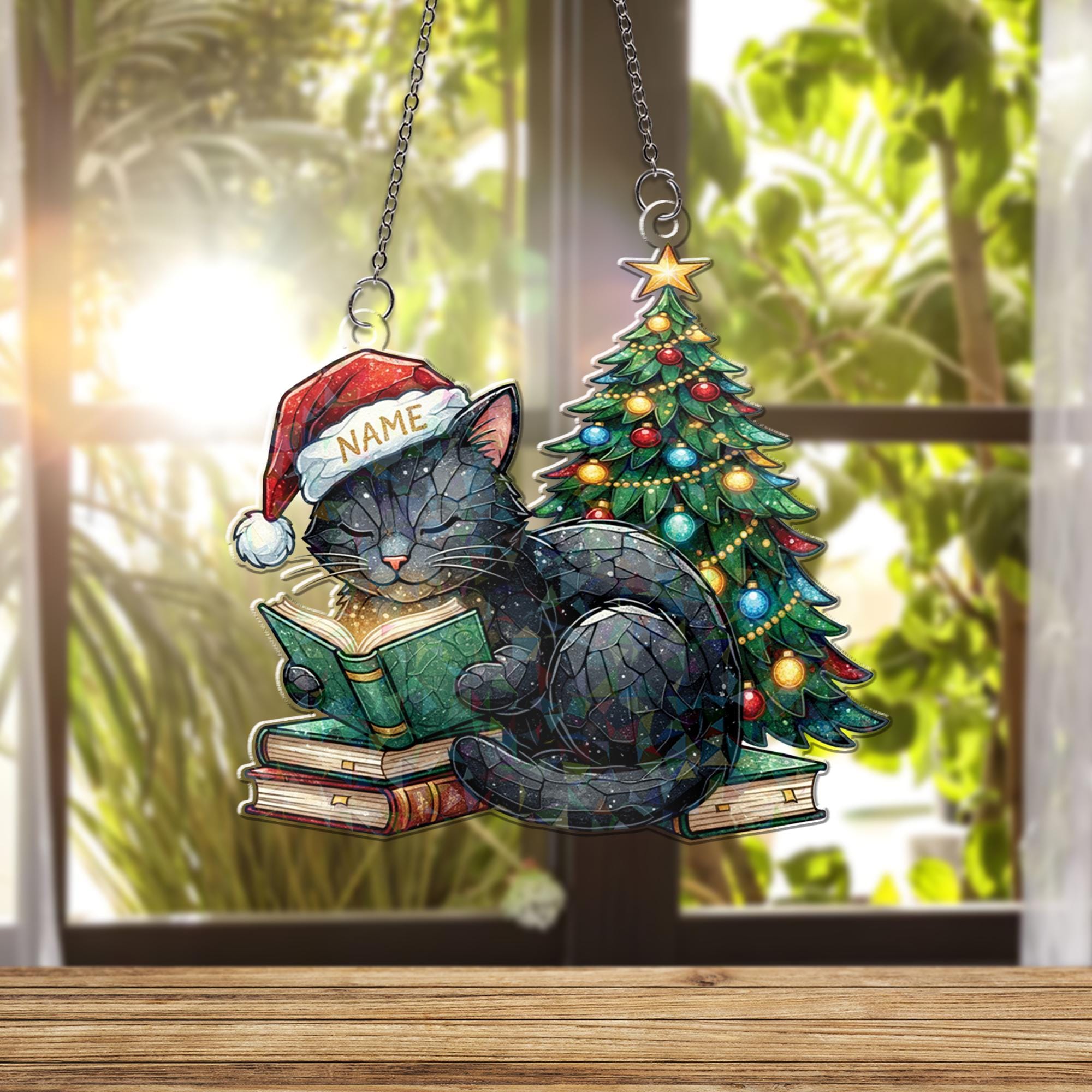 Acrylic Hologram Cat Reading Christmas Tree Window Hanging: Holiday Pet Lover Decor