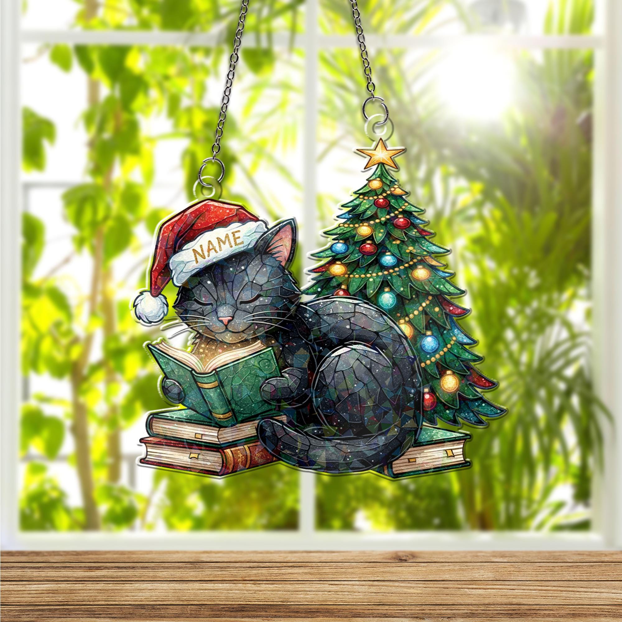 Acrylic Hologram Cat Reading Christmas Tree Window Hanging: Holiday Pet Lover Decor