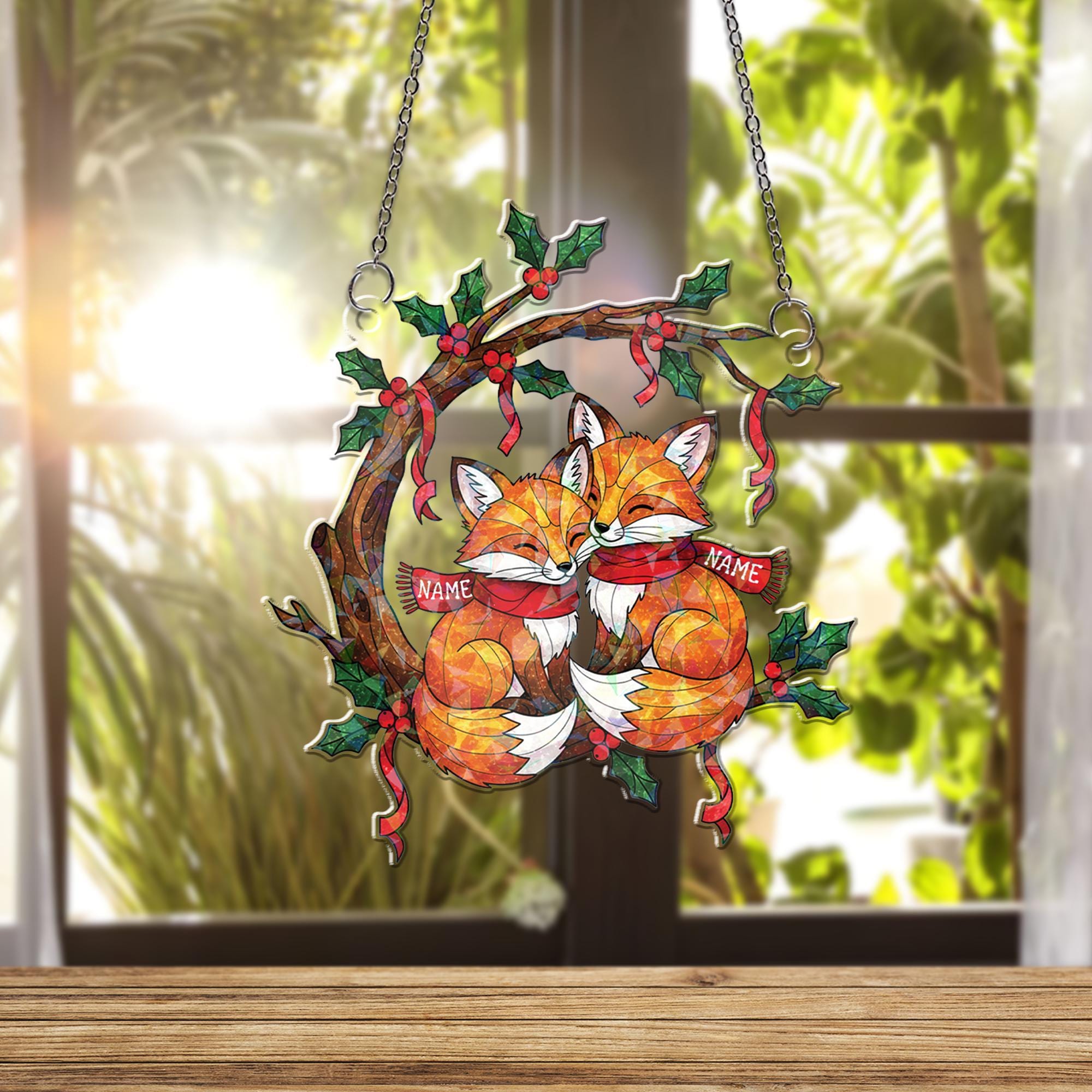 Acrylic Hologram Fox Couple Christmas Window Hanging: Personalized Xmas Gift