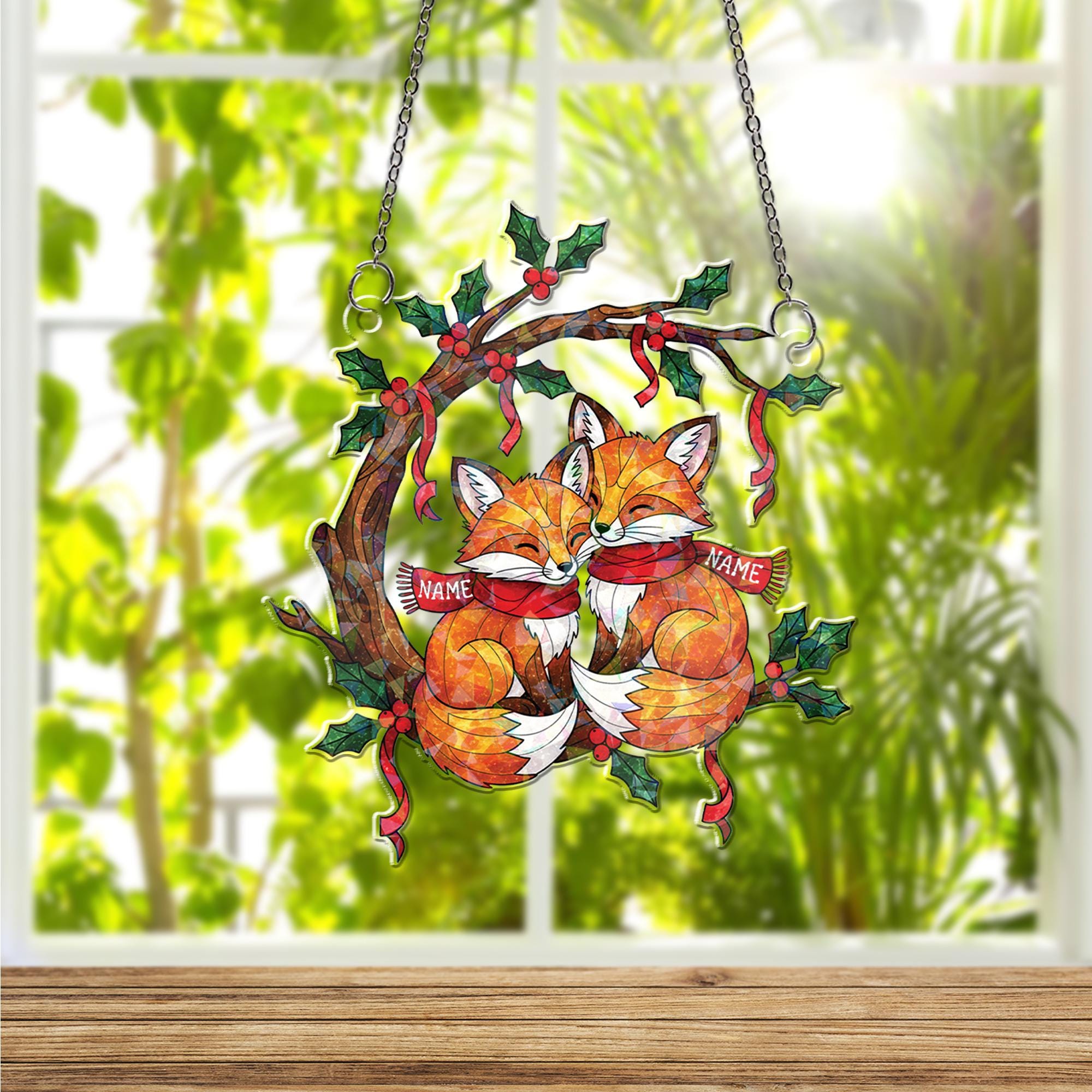 Acrylic Hologram Fox Couple Christmas Window Hanging: Personalized Xmas Gift