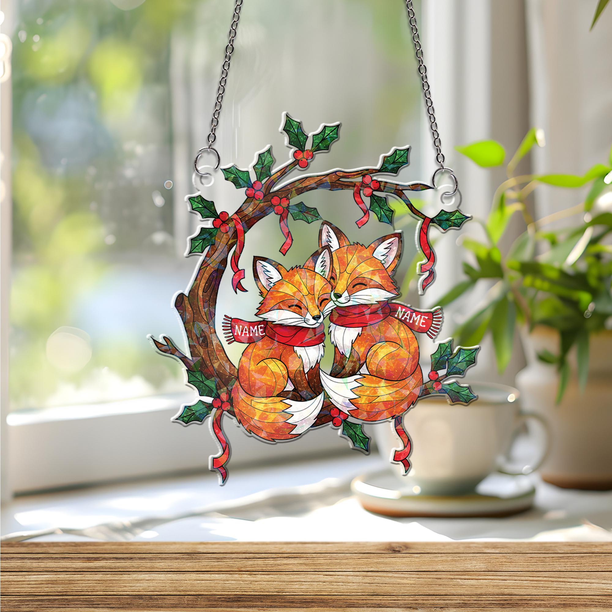 Acrylic Hologram Fox Couple Christmas Window Hanging: Personalized Xmas Gift