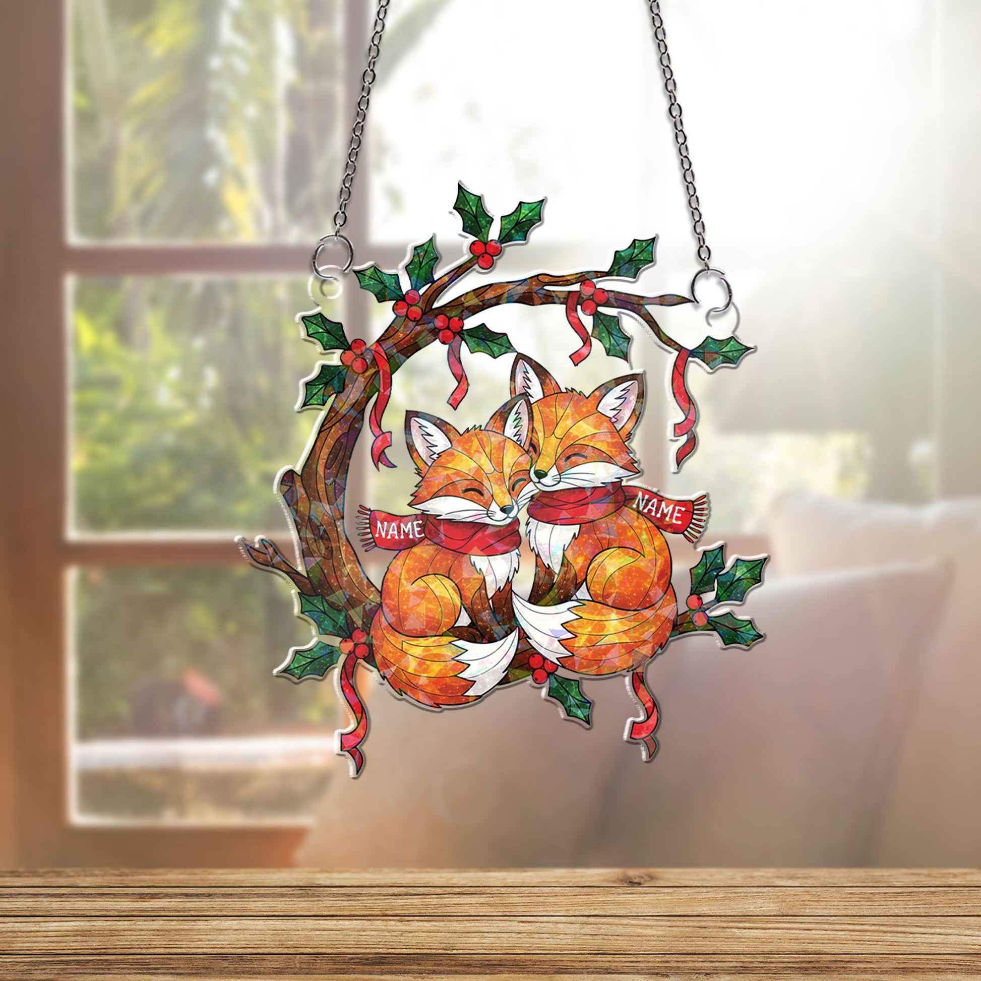 Acrylic Hologram Fox Couple Christmas Window Hanging: Personalized Xmas Gift