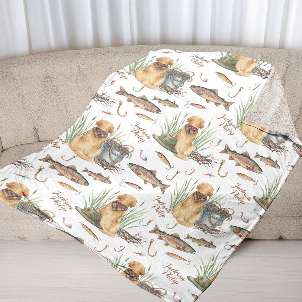 Personalized Dog Fishing Blanket – Custom Golden Retriever & Trout Throw