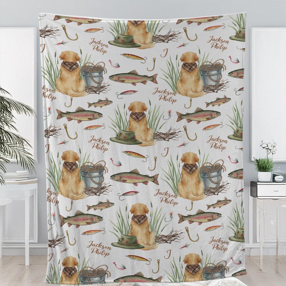 Personalized Dog Fishing Blanket – Custom Golden Retriever & Trout Throw