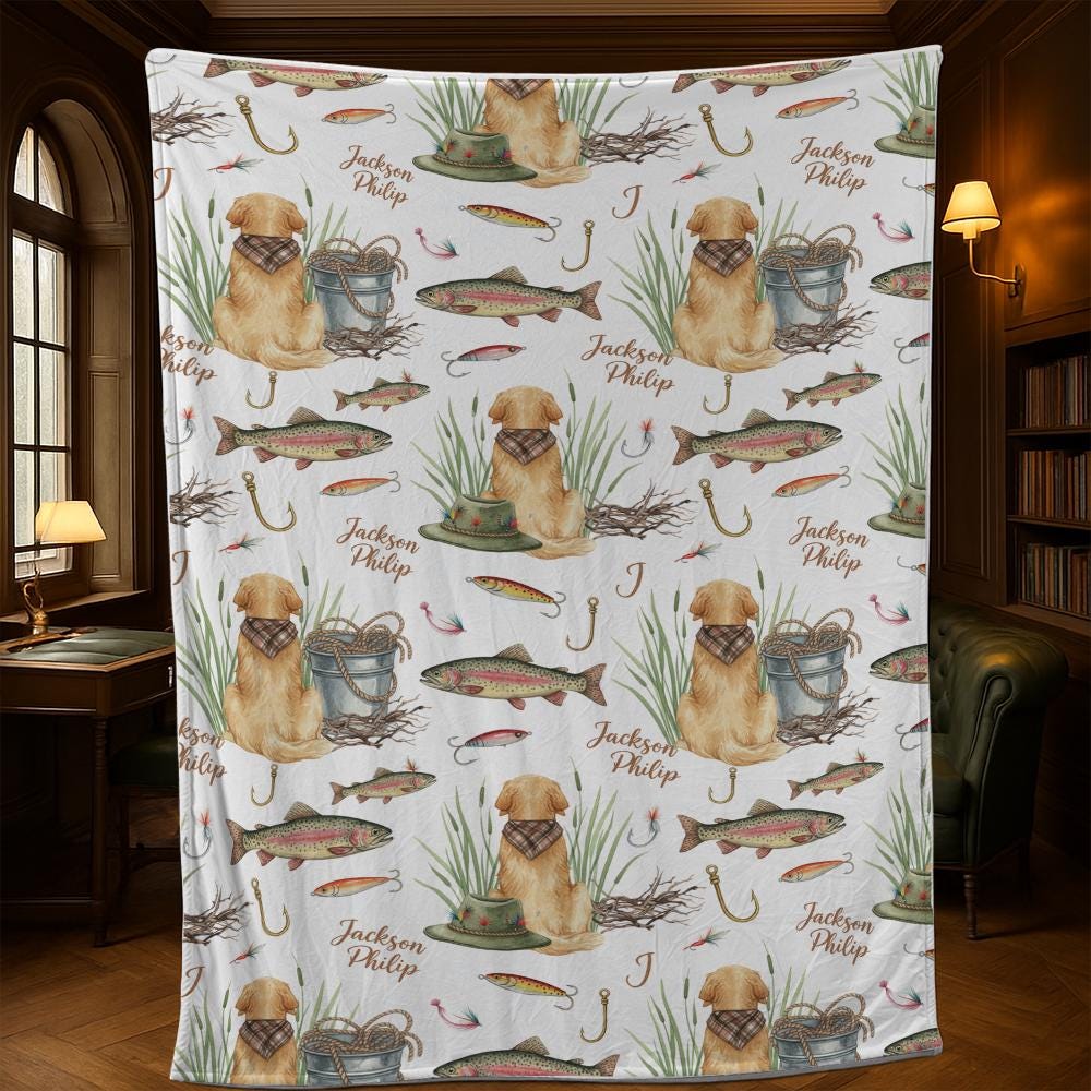 Personalized Dog Fishing Blanket – Custom Golden Retriever & Trout Throw