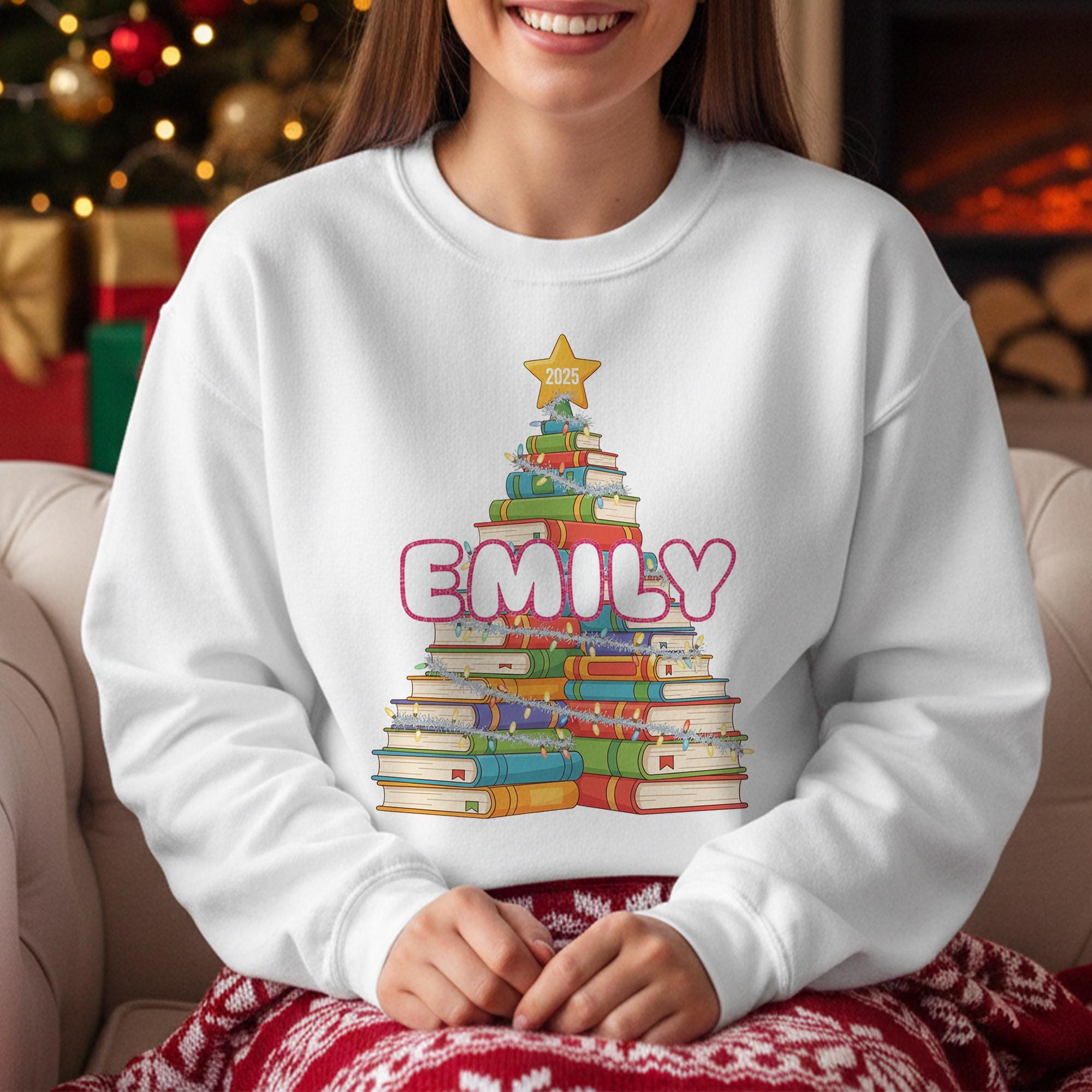 Personalized Book Tree Sweatshirt – Custom Name Reading Christmas Crewneck, Book Lover Holiday Pullover 2025