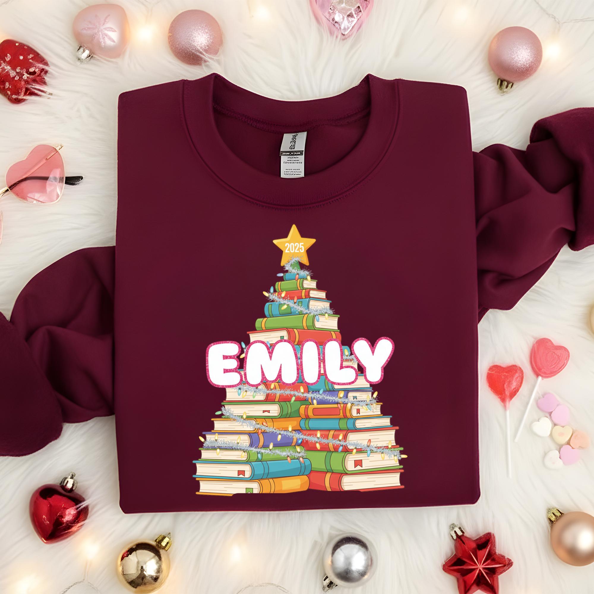 Personalized Book Tree Sweatshirt – Custom Name Reading Christmas Crewneck, Book Lover Holiday Pullover 2025