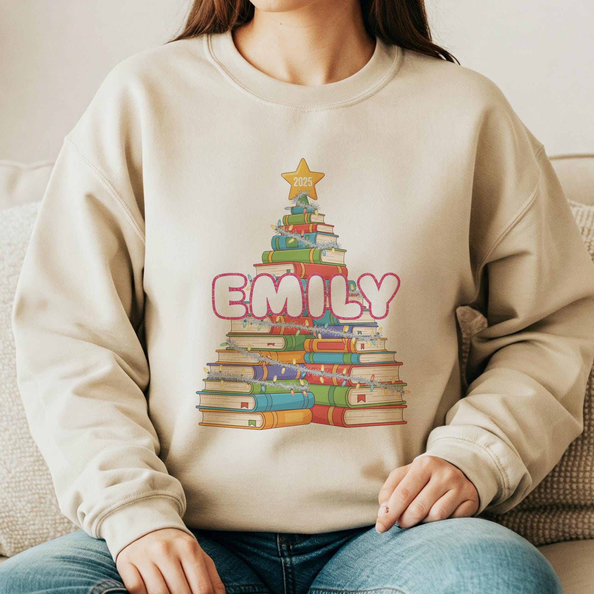 Personalized Book Tree Sweatshirt – Custom Name Reading Christmas Crewneck, Book Lover Holiday Pullover 2025