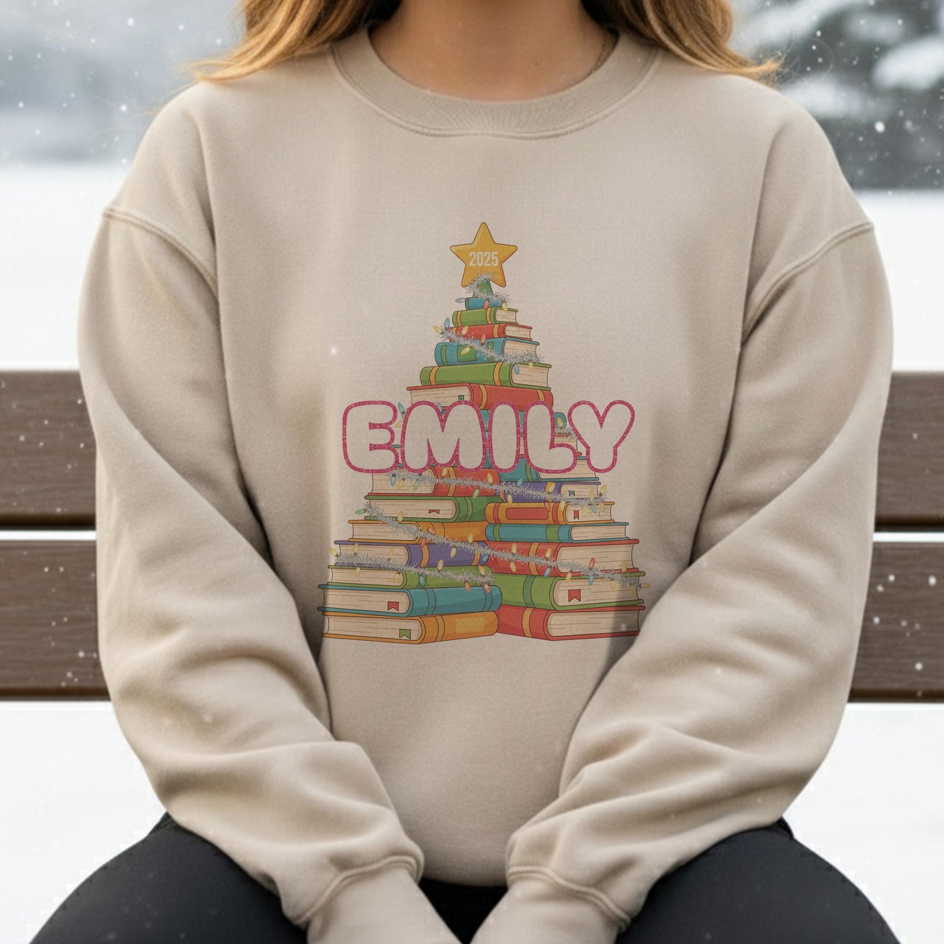 Personalized Book Tree Sweatshirt – Custom Name Reading Christmas Crewneck, Book Lover Holiday Pullover 2025