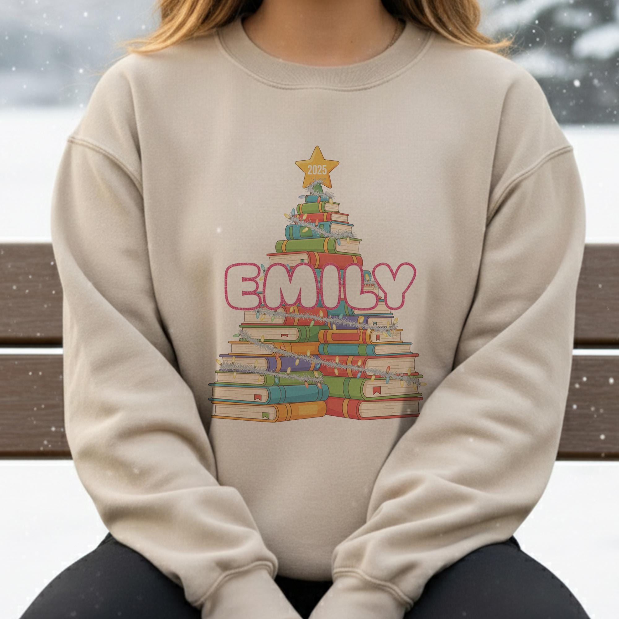 Personalized Book Tree Sweatshirt – Custom Name Reading Christmas Crewneck, Book Lover Holiday Pullover 2025
