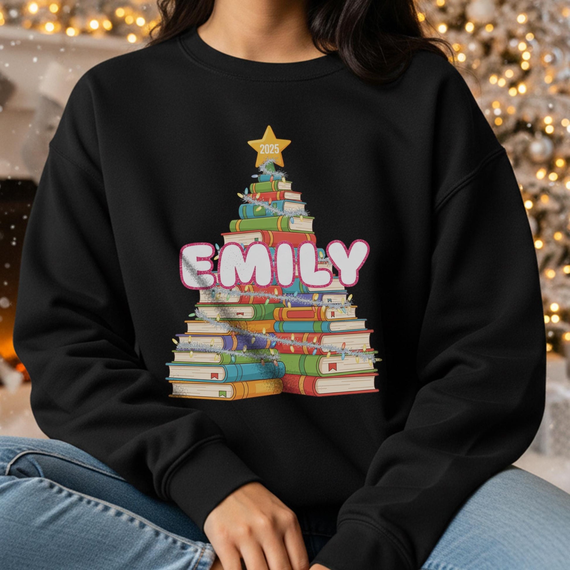 Personalized Book Tree Sweatshirt – Custom Name Reading Christmas Crewneck, Book Lover Holiday Pullover 2025