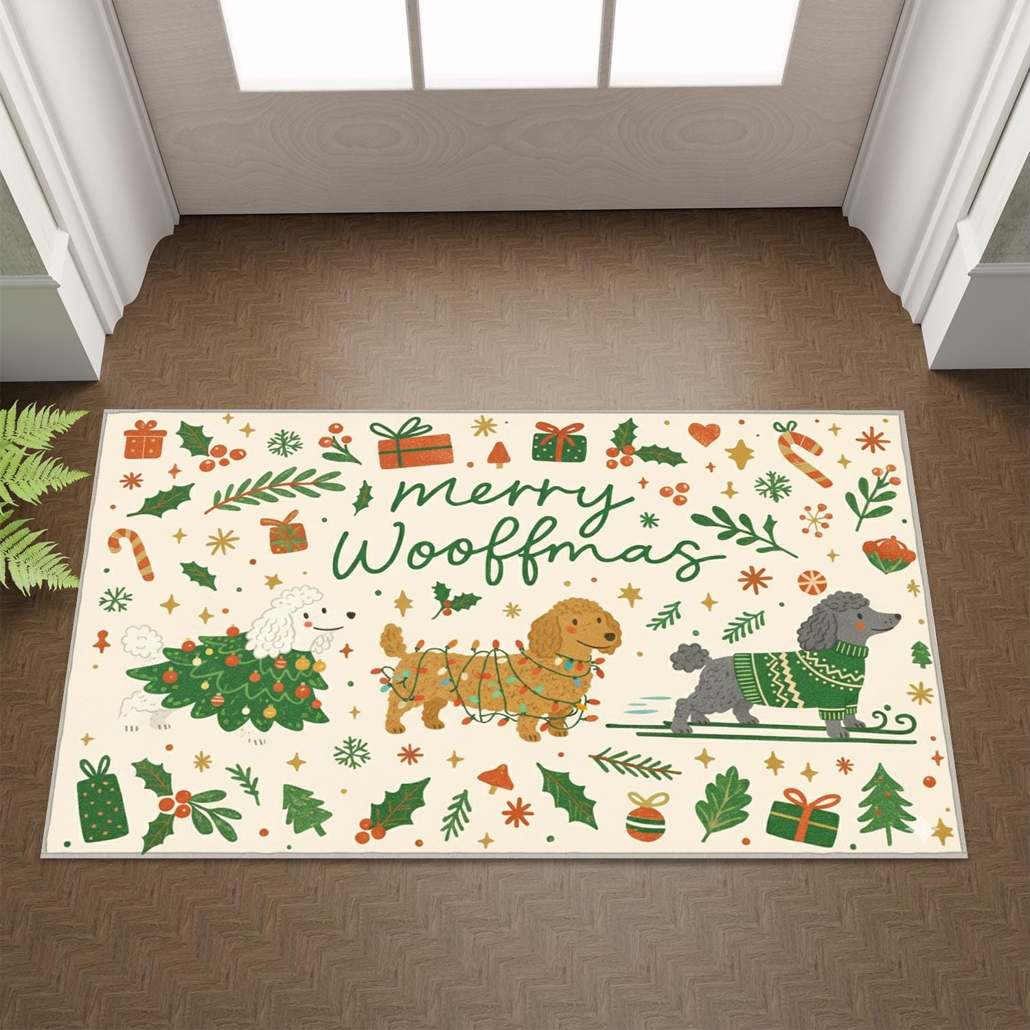 Dog Christmas Doormat – Merry Woofmas Print, Indoor Outdoor Holiday Mat