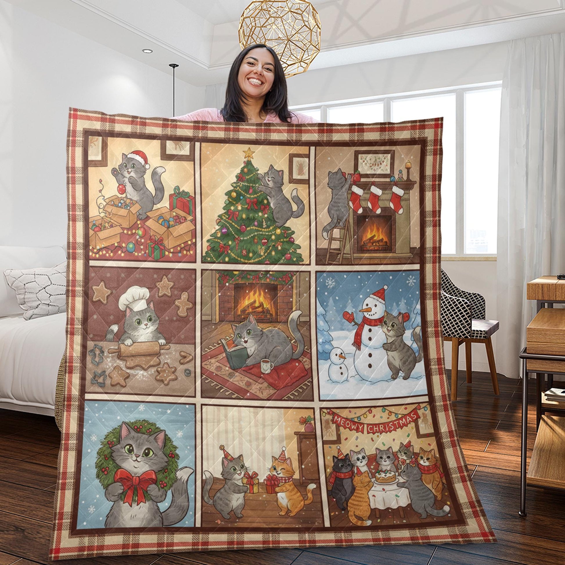 Christmas Cat Quilt Blanket: Cozy Holiday Patchwork Throw