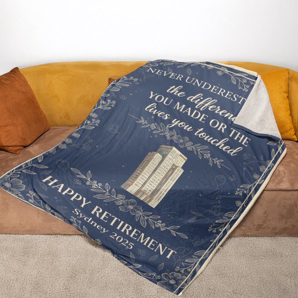 Custom Retirement Blanket, Personalized Fleece Throw, Office Farewell Decor, Company Building Design
