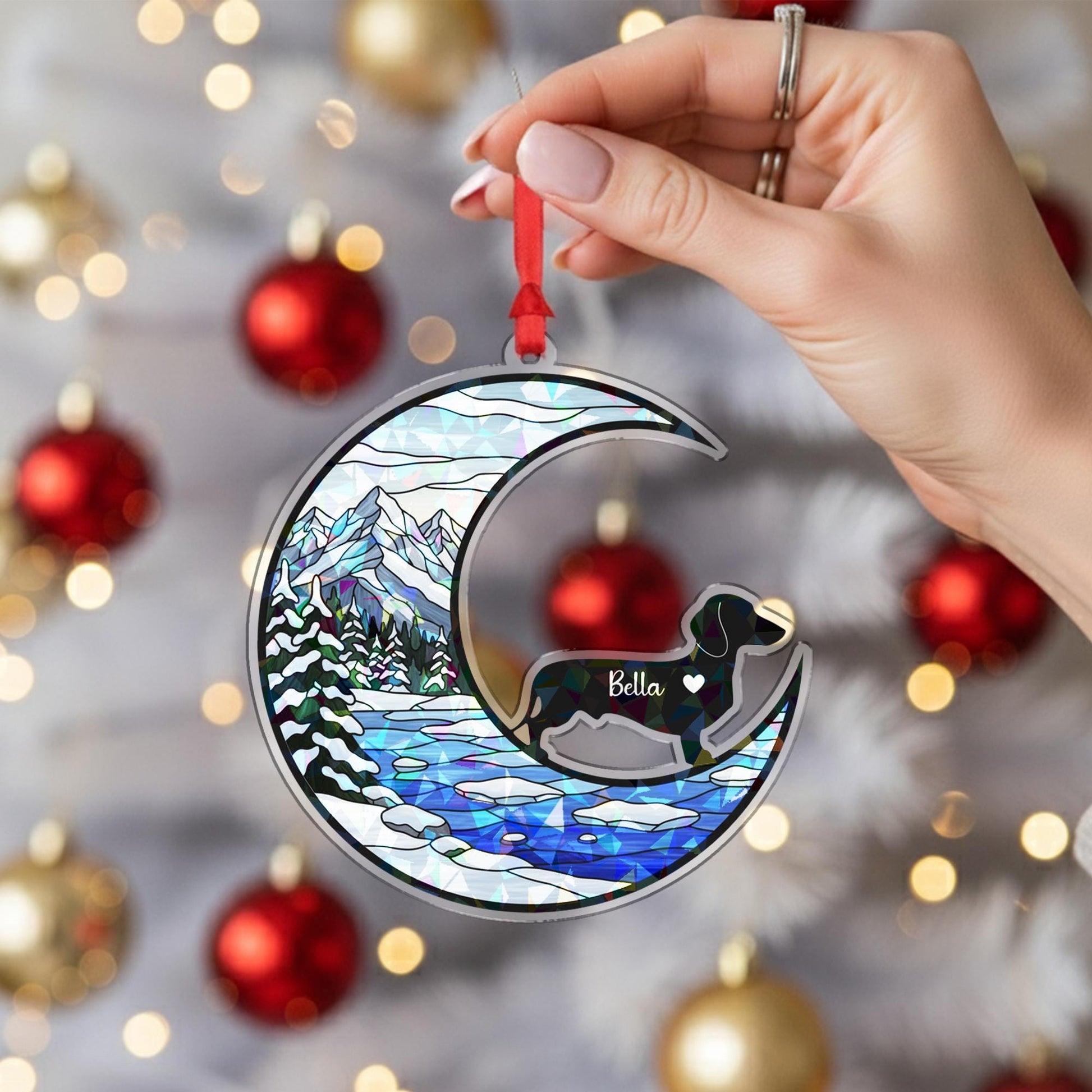 Personalized Dog Ornament: Moon & Winter Landscape, Custom Pet Christmas Decor