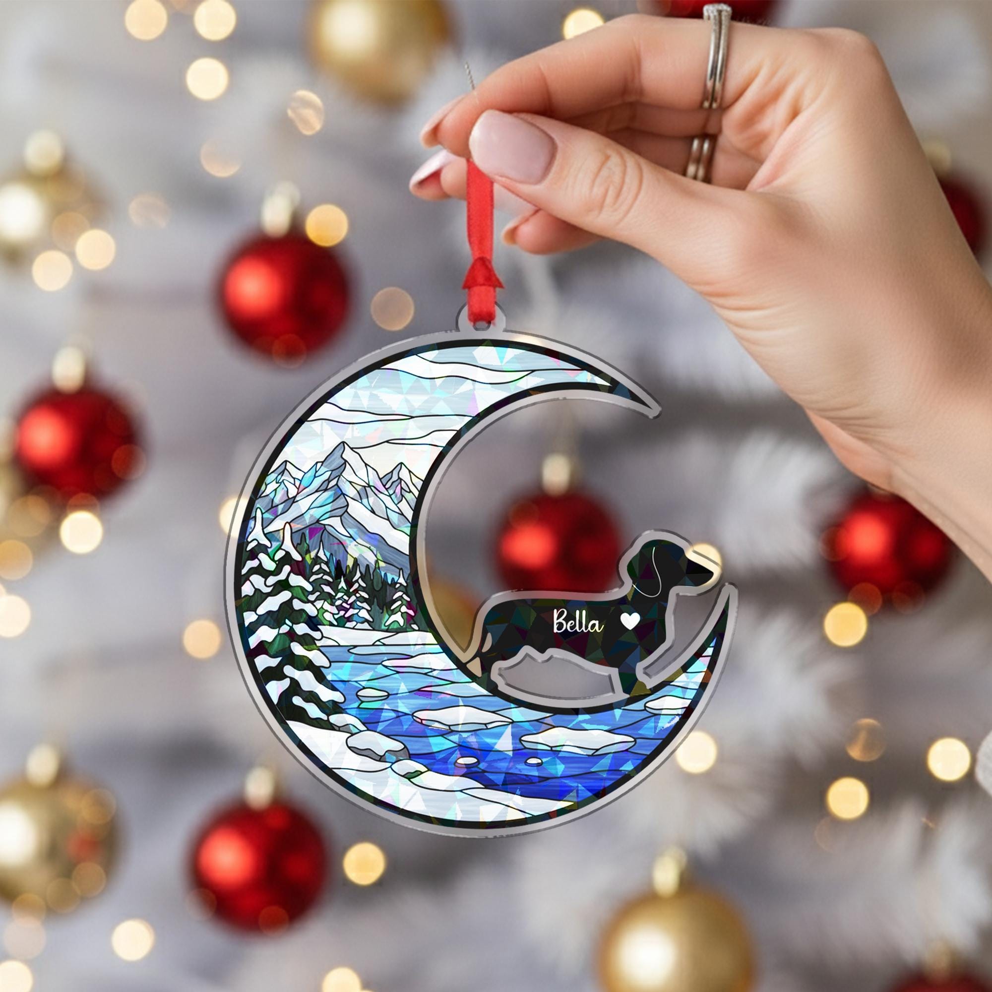 Personalized Dog Ornament: Moon & Winter Landscape, Custom Pet Christmas Decor