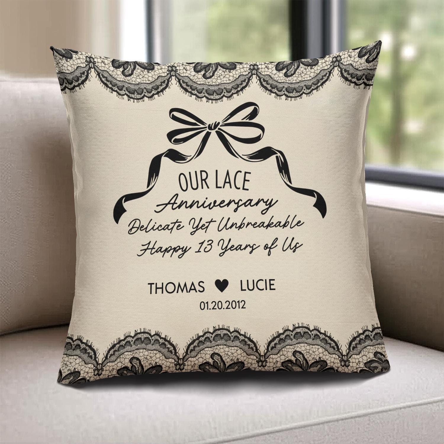 Personalized Lace Anniversary Pillow: Custom Name & Date Cushion