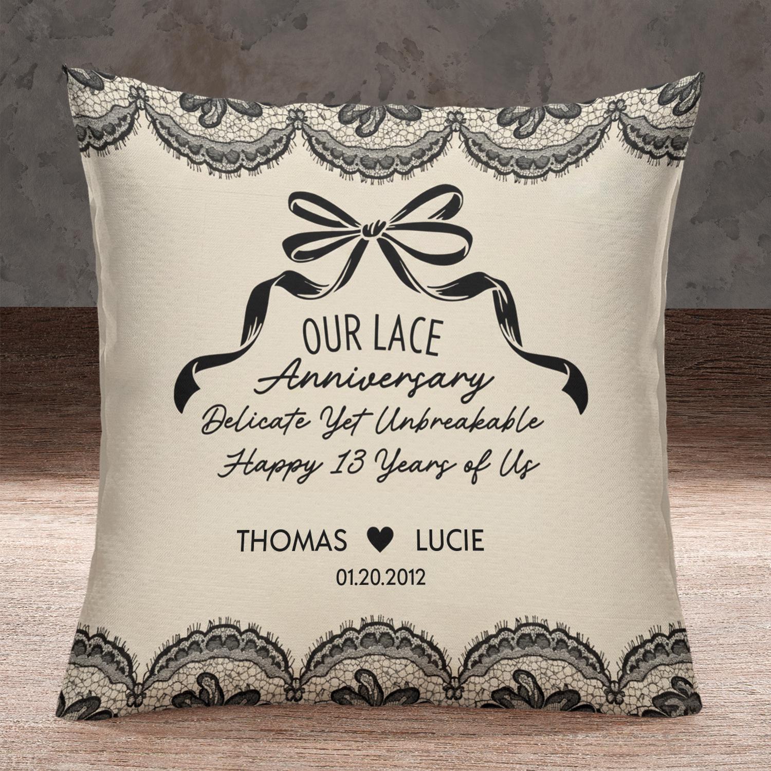 Personalized Lace Anniversary Pillow: Custom Name & Date Cushion